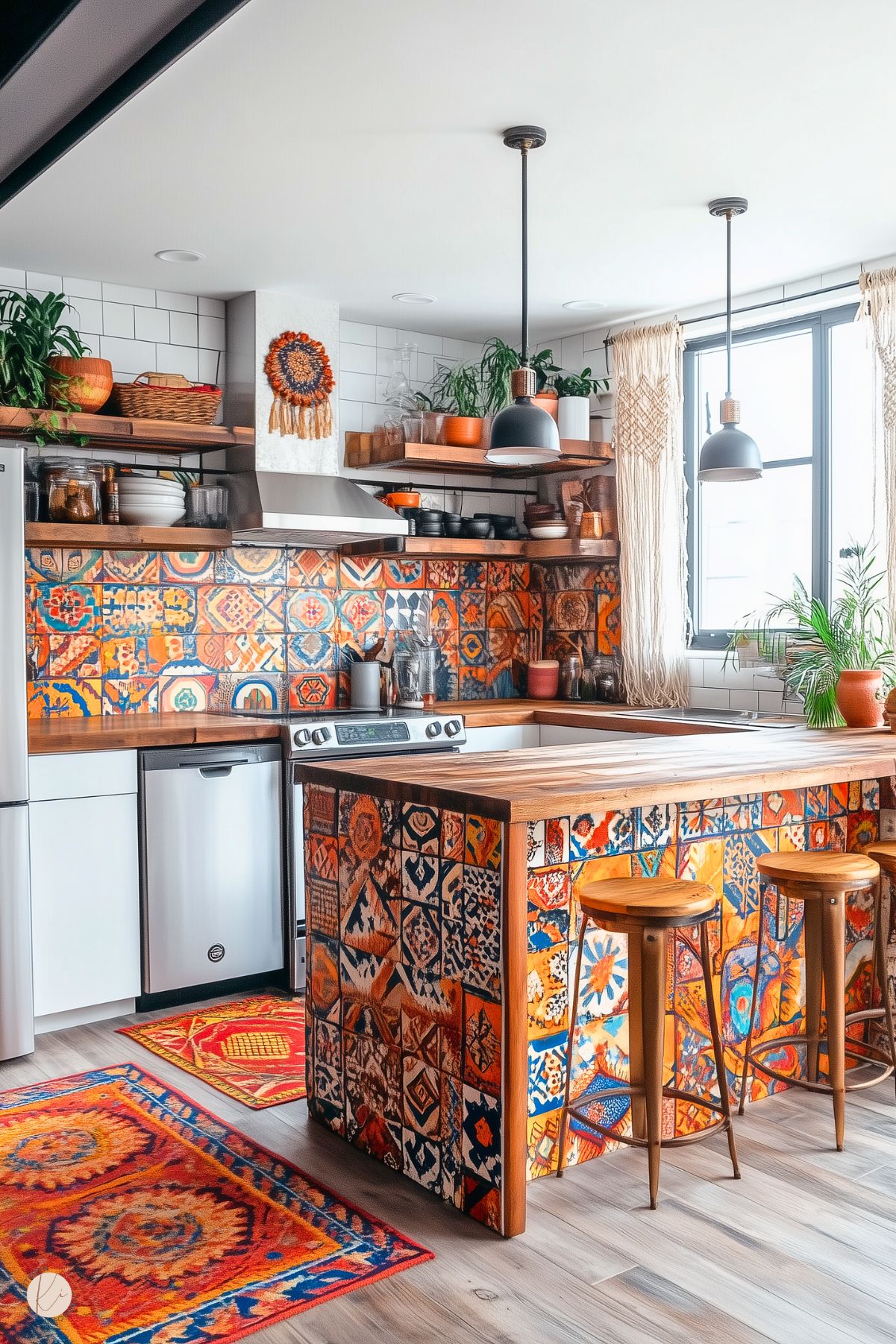 A vibrant boho-style kitchen featuring colorful patterned tiles on the backsplash and island, complemented by warm wood countertops. Open wood shelving displays dishes, jars, and potted plants, while woven and macramé accents add texture. Pendant lights hang over the island, paired with wooden bar stools. Brightly colored rugs and large windows enhance the lively, eclectic atmosphere.