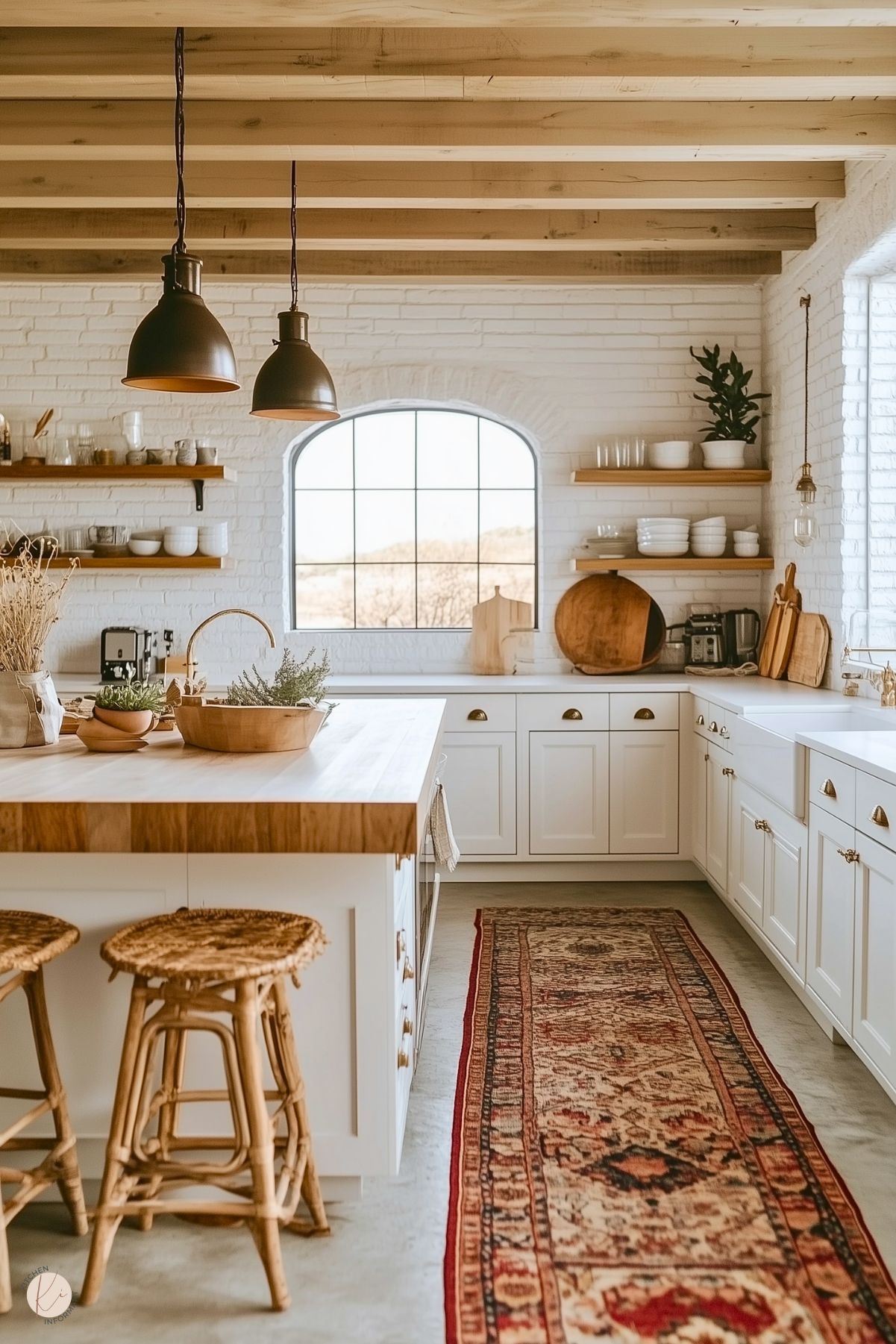 A bright, rustic boho kitchen featuring white cabinetry with brass hardware, butcher block countertops, and open wooden shelves displaying white dishes and decor. The space is accented by a long vintage-style runner in warm tones and wicker stools at the large central island. Exposed wood beams on the ceiling, industrial pendant lights, and an arched window bringing in natural light create a cozy and inviting atmosphere.