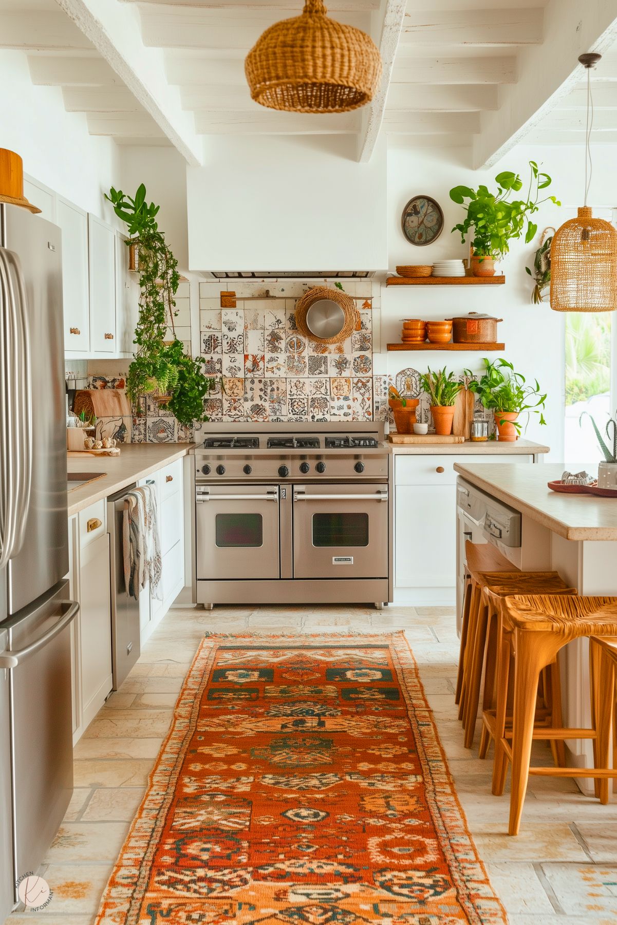 A vibrant boho kitchen featuring white cabinetry, a unique patterned tile backsplash, and stainless steel appliances. The space is adorned with open wooden shelves displaying plants, ceramics, and cookware, adding warmth and texture. A bold orange and green vintage-style runner complements the natural tones, while woven pendant lights and stools enhance the cozy aesthetic. Large windows and greenery bring in abundant natural light and freshness.