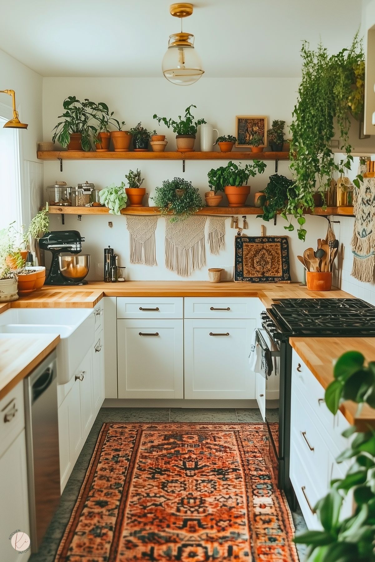 A charming boho kitchen filled with greenery and warm tones. It features white cabinetry with butcher block countertops, open wooden shelves adorned with terracotta pots, plants, and jars, and macramé wall hangings for texture. A bold vintage-style rug adds warmth, while a farmhouse sink, black appliances, and brass accents complete the cozy and inviting aesthetic.