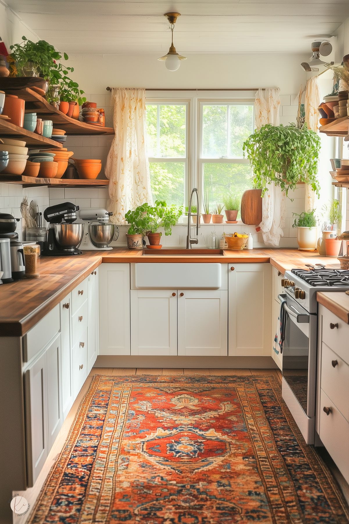 A cozy and charming boho kitchen with white cabinetry, butcher block countertops, and open wooden shelves displaying terracotta pots, colorful bowls, and greenery. A farmhouse sink sits under a large window adorned with delicate curtains, letting in natural light. The vibrant vintage-style rug adds warmth, while hanging plants and herbs create a fresh and inviting atmosphere. Black appliances add a modern touch to the space.