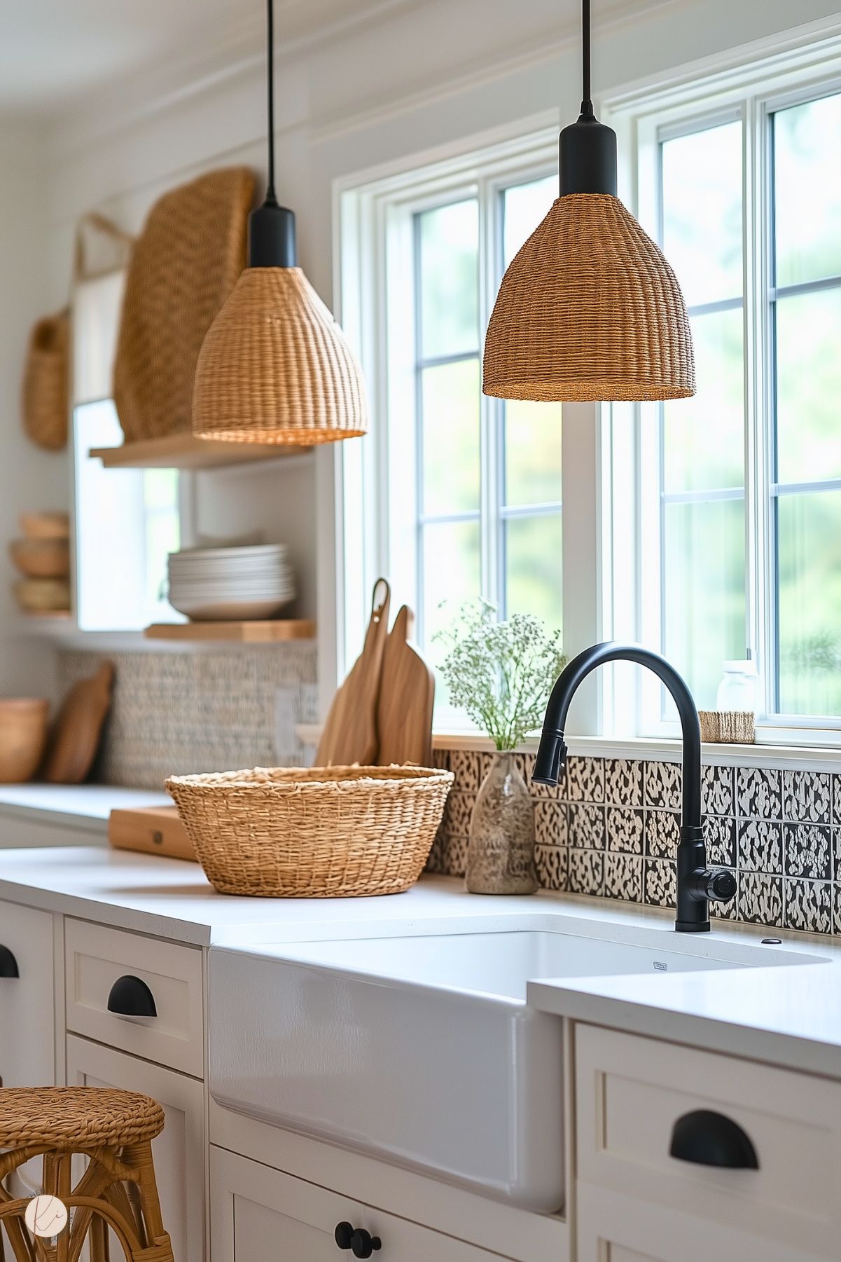 A bright and minimalist boho kitchen featuring a farmhouse sink with a black faucet, a patterned black-and-white tile backsplash, and white cabinetry with black hardware. Wicker pendant lights hang above, adding warmth and texture, while woven baskets and cutting boards provide natural accents. A large window floods the space with natural light, creating a fresh and inviting atmosphere.