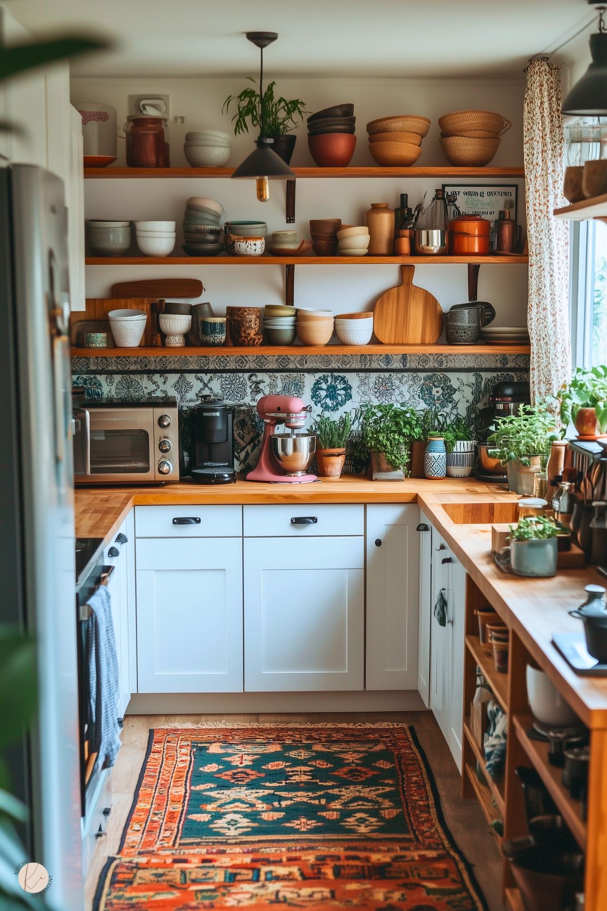 A compact and cozy boho kitchen featuring white cabinetry, butcher block countertops, and open wooden shelves filled with ceramics, bowls, and decor. The backsplash showcases a detailed blue floral pattern, adding character to the space. Potted herbs and plants bring in a touch of greenery, while a bold vintage-style rug in earthy tones adds warmth. A pink stand mixer and black pendant light enhance the eclectic charm.