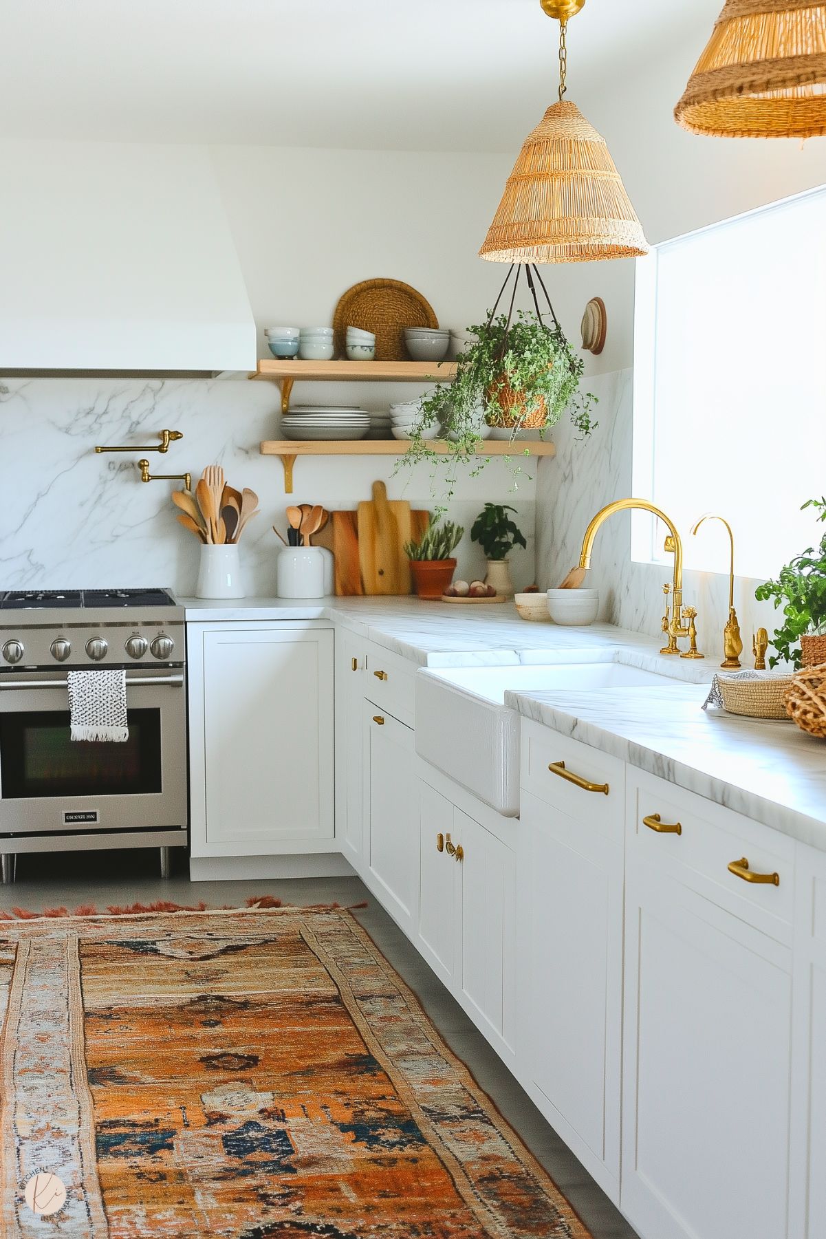 A bright and airy kitchen with a modern boho design. Features include white cabinetry with gold hardware, a farmhouse sink, and a marble backsplash and countertops. Open wooden shelves display ceramics and plants, while woven pendant lights add texture. A warm-toned vintage rug enhances the space, and a large window brings in natural light, complemented by greenery and wooden accents.