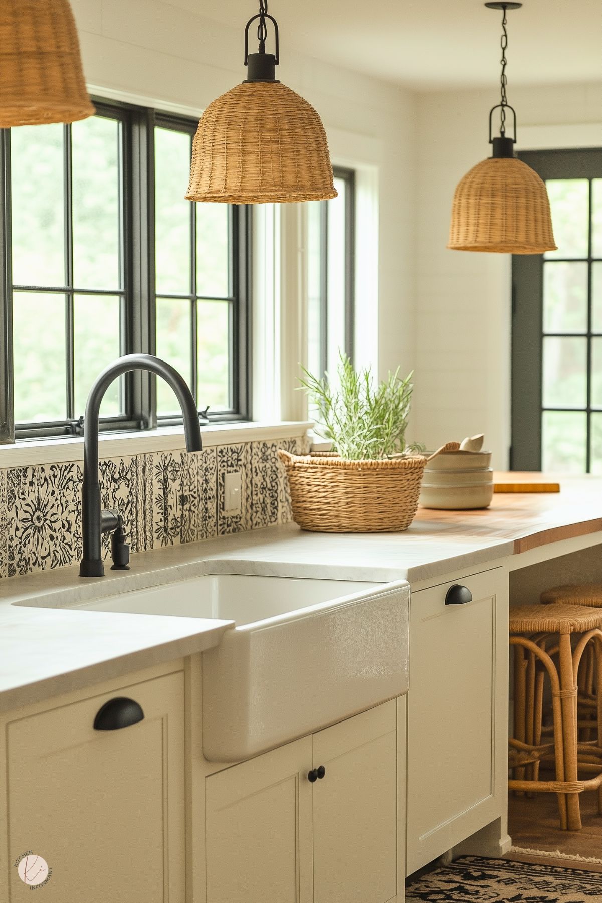 A modern farmhouse-style kitchen with boho elements, featuring a white farmhouse sink, a black faucet, and a patterned black-and-white tile backsplash. The cabinetry is light-colored with black hardware, and the countertops are sleek and bright. Woven pendant lights hang above the space, adding warmth and texture, while a basket with greenery and natural wood accents enhance the cozy, inviting atmosphere. Large black-framed windows bring in ample natural light.