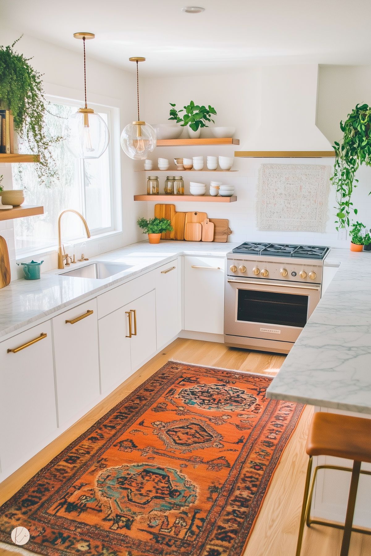 A bright and modern boho kitchen featuring white cabinetry with gold hardware, a marble countertop, and open wooden shelves displaying dishes and plants. A bold orange vintage rug adds warmth and personality, while greenery brings a touch of nature to the space. Glass pendant lights hang above, and a large window allows ample natural light, enhancing the clean and inviting atmosphere.