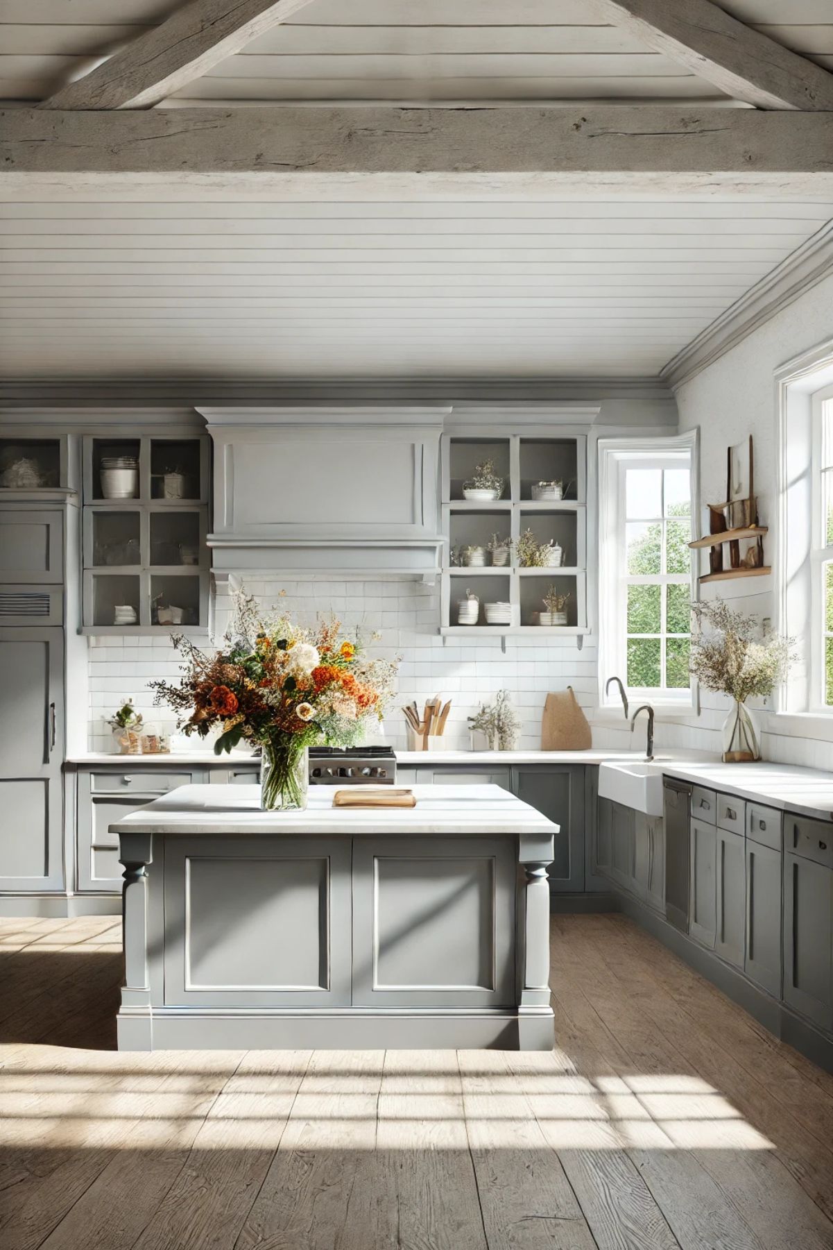 A bright, modern farmhouse kitchen with light gray cabinetry and a large island featuring detailed paneling. A white farmhouse sink is positioned under a sunlit window, with open shelving and white subway tile backsplash adding a rustic touch. The space is accented with a vase of colorful autumn flowers on the island, natural wood elements, and exposed wooden ceiling beams, creating a warm, inviting atmosphere.