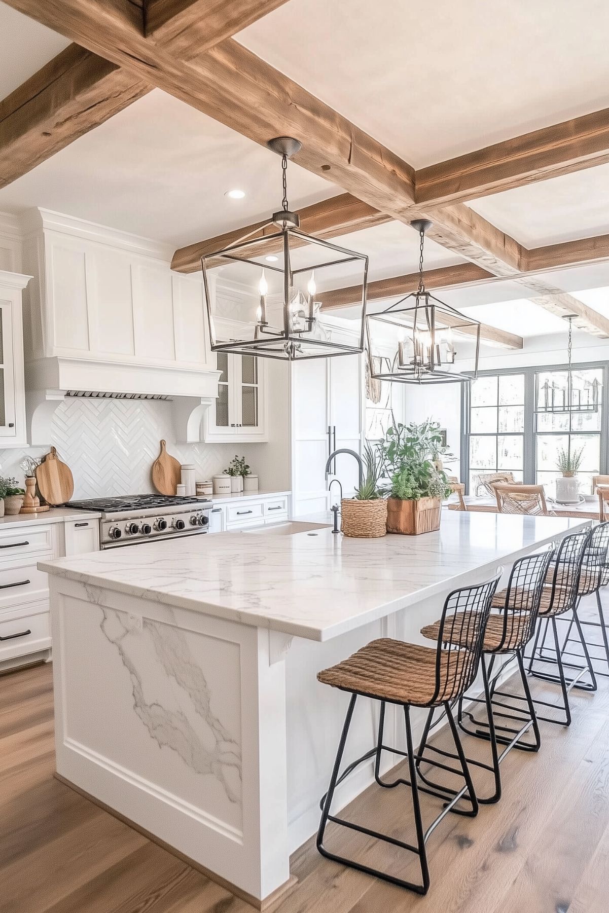 A spacious modern farmhouse kitchen featuring a large white marble island with paneled sides and woven barstools. Wooden beams on the ceiling complement the warm wood flooring, while oversized glass pendant lights hang above the island. A herringbone tile backsplash adds texture behind the stove, surrounded by white cabinetry. Potted greenery and wicker baskets enhance the natural, cozy aesthetic of the space.