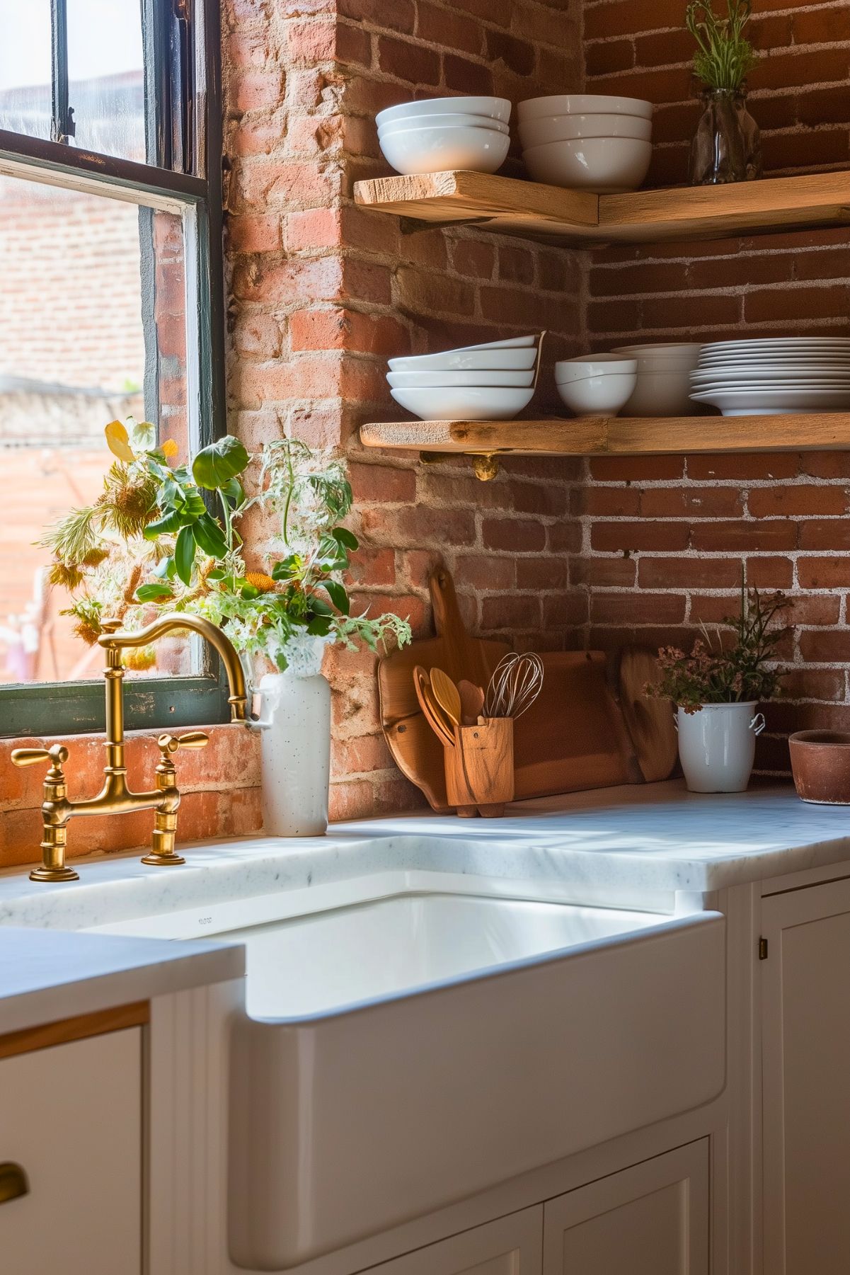 A charming kitchen corner with exposed brick walls and a farmhouse sink featuring a brass faucet. Open wooden shelves hold neatly stacked white dishes, while the countertop showcases a vase with fresh greenery and flowers, along with wooden cutting boards and utensils. Natural light streams through a nearby window, creating a warm, rustic ambiance enhanced by the mix of textures and earthy tones.