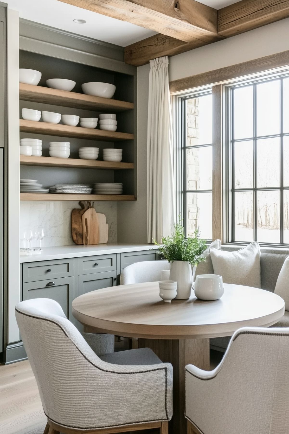 A cozy breakfast nook in a modern farmhouse kitchen featuring soft green cabinetry with open wooden shelves displaying neatly arranged white dishes. A round wooden dining table is surrounded by upholstered chairs with black trim, and a vase with fresh greenery adds a lively touch. The space is bathed in natural light from large windows framed by wooden beams and light curtains, creating a warm and inviting ambiance.