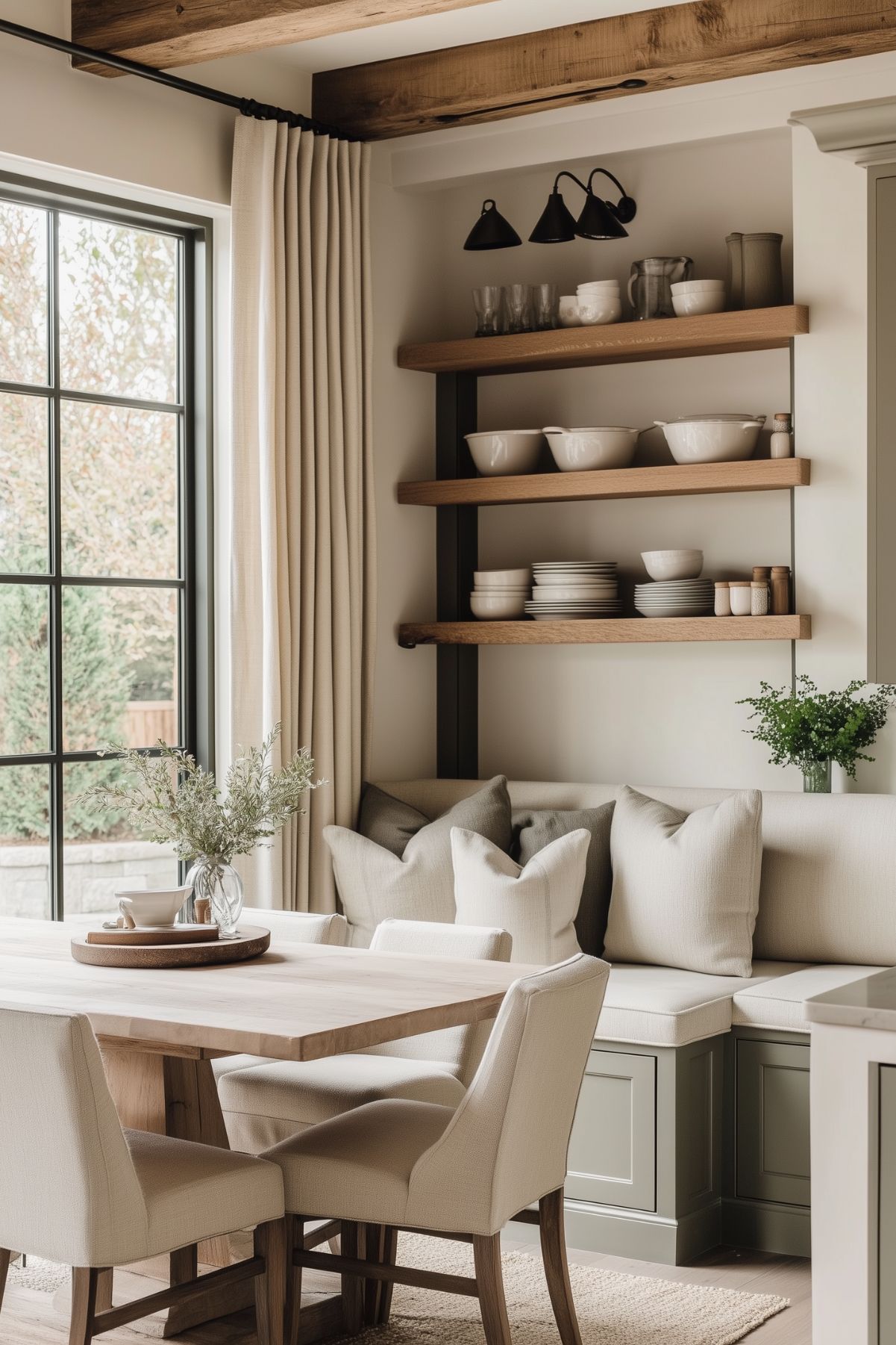 A cozy breakfast nook with a built-in bench featuring soft beige cushions and pillows, paired with a natural wood dining table and upholstered chairs. Open wooden shelves display white dishes and glassware, complemented by black sconces for a modern touch. A large window with black trim and light curtains brings in natural light, while wooden beams on the ceiling and green cabinetry below the bench add warmth and charm to the farmhouse design.