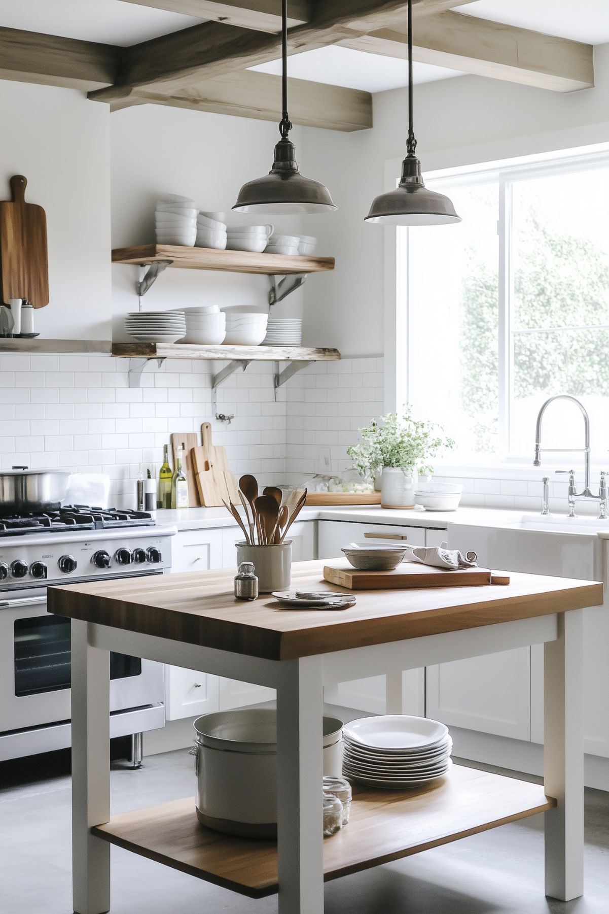 A modern farmhouse kitchen with clean white cabinetry, white subway tile backsplash, and open wooden shelves holding neatly arranged dishes. A light wood island with a lower shelf serves as the centerpiece, topped with a small collection of utensils and tableware. Industrial pendant lights hang above, while natural light pours in through a large window near a white farmhouse sink, creating a bright, airy atmosphere.