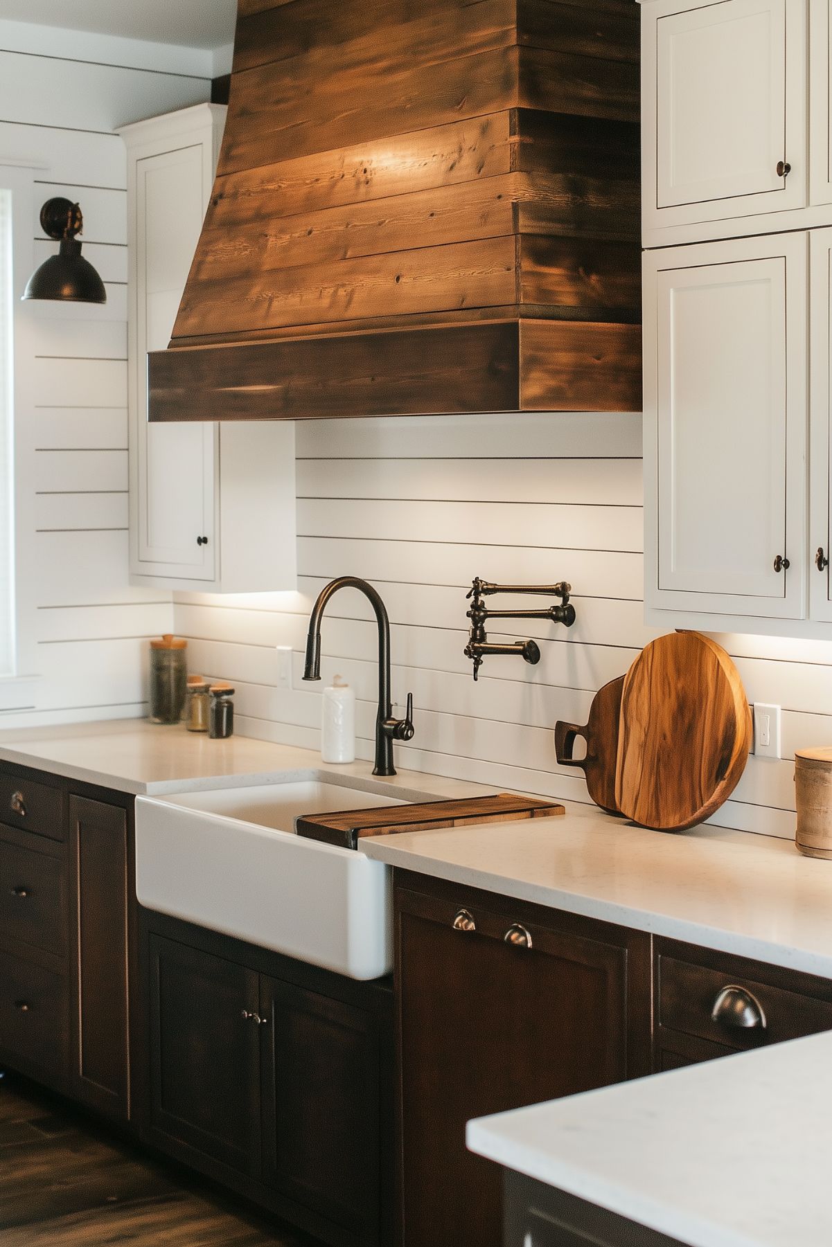 A modern farmhouse kitchen featuring dark wood lower cabinetry paired with white upper cabinets and a shiplap backsplash. The centerpiece is a large, rustic wood range hood, complemented by a white farmhouse sink with a sleek black faucet. A pot filler is mounted on the backsplash, and wooden cutting boards add warmth and texture. Soft lighting highlights the clean, cozy design, blending rustic and modern elements seamlessly.