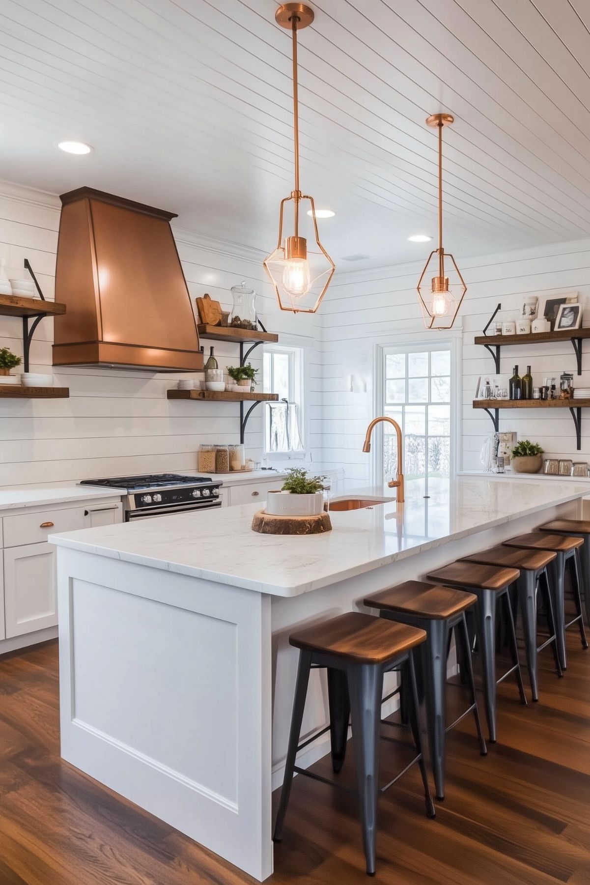 A bright modern farmhouse kitchen featuring a white shiplap ceiling and walls, complemented by a bold copper range hood and matching copper pendant lights with geometric designs. The large white island has a marble countertop, paired with black stools with wooden seats. Open shelving with dark brackets displays decor and essentials, while a copper faucet adds a warm touch to the functional yet stylish space. Rich wood flooring enhances the inviting atmosphere.