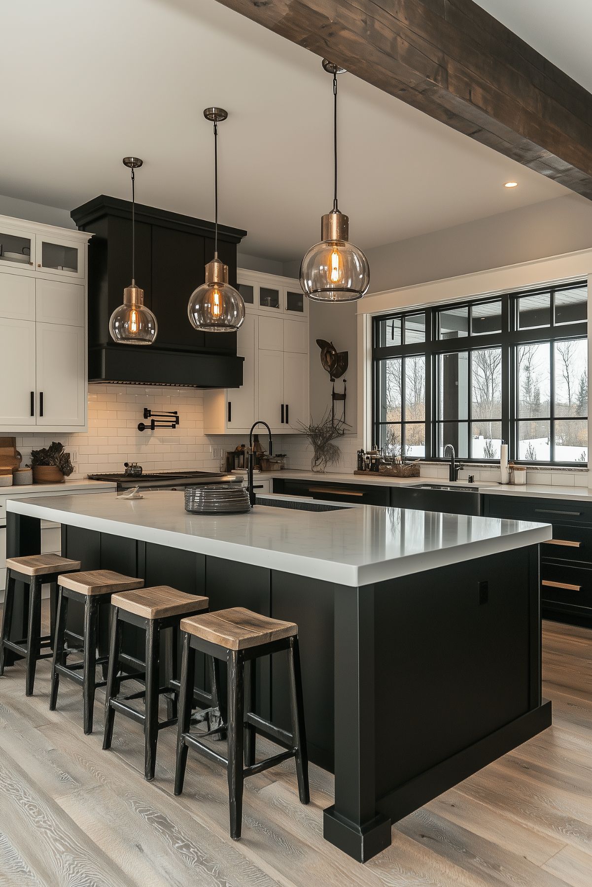 A sophisticated modern farmhouse kitchen with a black island topped with a sleek white countertop, paired with wooden stools for seating. The space features a black range hood flanked by white cabinetry, creating a striking contrast. Glass pendant lights with warm bulbs hang above the island, adding a cozy glow. A large window with black framing floods the space with natural light, while a subway tile backsplash and wooden accents enhance the rustic-meets-modern aesthetic.