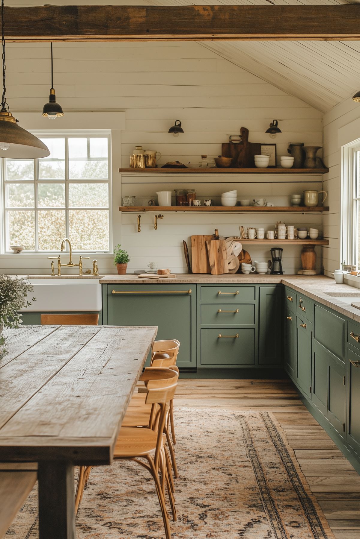 A charming farmhouse kitchen featuring green cabinetry with brass hardware, a farmhouse sink with a brass faucet, and open wooden shelves displaying dishes and decor. The shiplap walls and vaulted ceiling with exposed beams create a cozy rustic vibe. A large wooden dining table with natural chairs sits atop a patterned rug, adding warmth and texture. Natural light streams through a large window, enhancing the inviting atmosphere.