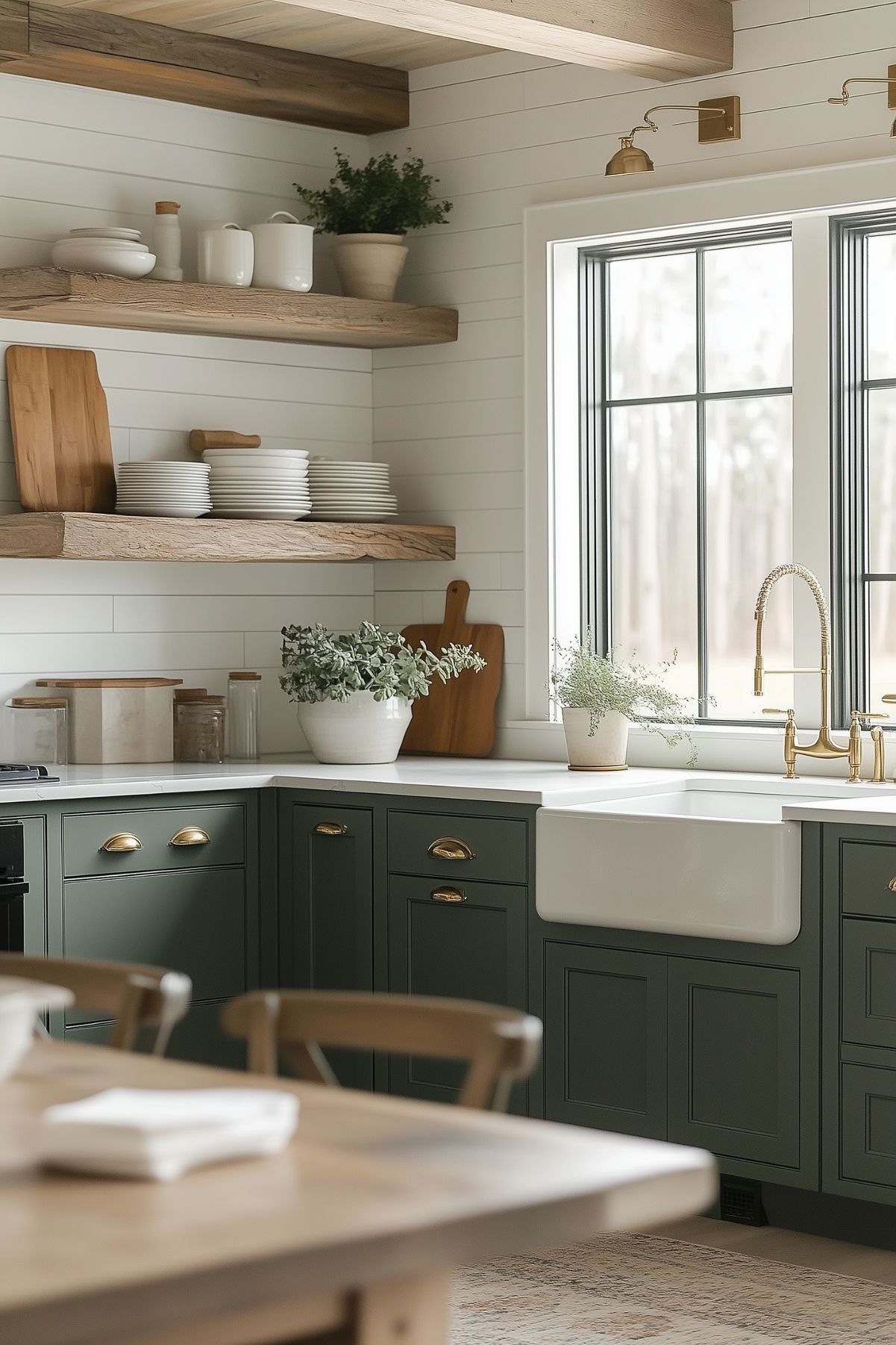 A cozy modern farmhouse kitchen featuring deep green cabinetry with brass hardware and a white farmhouse sink under a large window. Open wooden shelves display white dishes, cutting boards, and potted greenery, adding rustic charm. Shiplap walls and exposed wood beams enhance the farmhouse aesthetic, while natural light streams in, highlighting the warm, earthy tones of the space. The brass faucet adds a touch of elegance to the functional design.