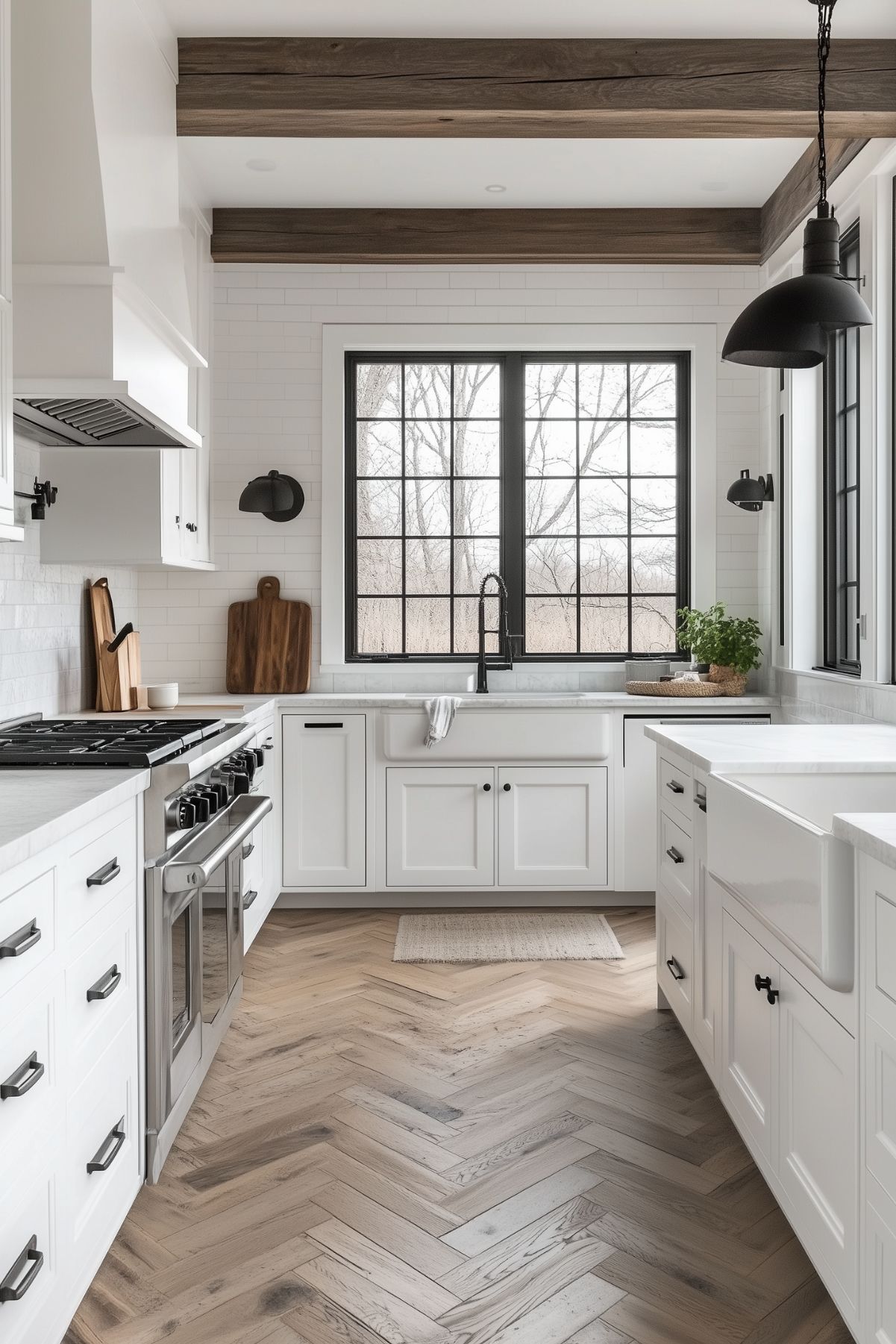 A bright modern farmhouse kitchen featuring crisp white cabinetry, black hardware, and a farmhouse sink beneath large black-framed windows. The herringbone-patterned wood floor adds warmth and texture, contrasting beautifully with the clean white subway tile backsplash. Exposed wood ceiling beams and black industrial-style light fixtures enhance the rustic charm, while a stainless steel stove and minimalist decor complete the sophisticated look.