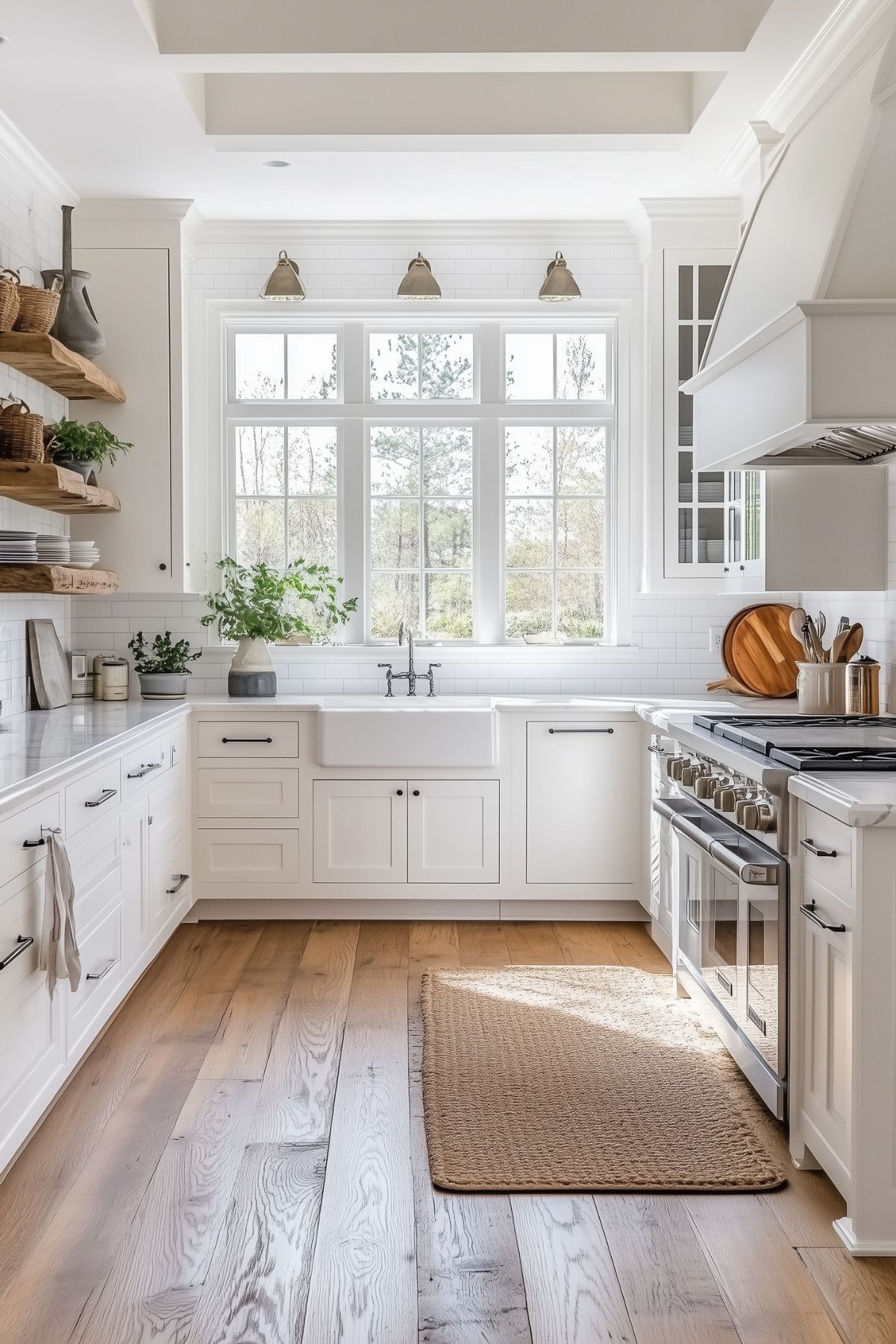 A bright modern farmhouse kitchen with white shaker cabinets, a large farmhouse sink under a wide window, and subway tile backsplash. Open wooden shelves on the left hold dishes and plants, adding a rustic touch. The kitchen features a stainless steel stove and a vent hood with elegant trim. Warm wood flooring and a woven rug enhance the cozy and inviting atmosphere, while natural light floods the space.