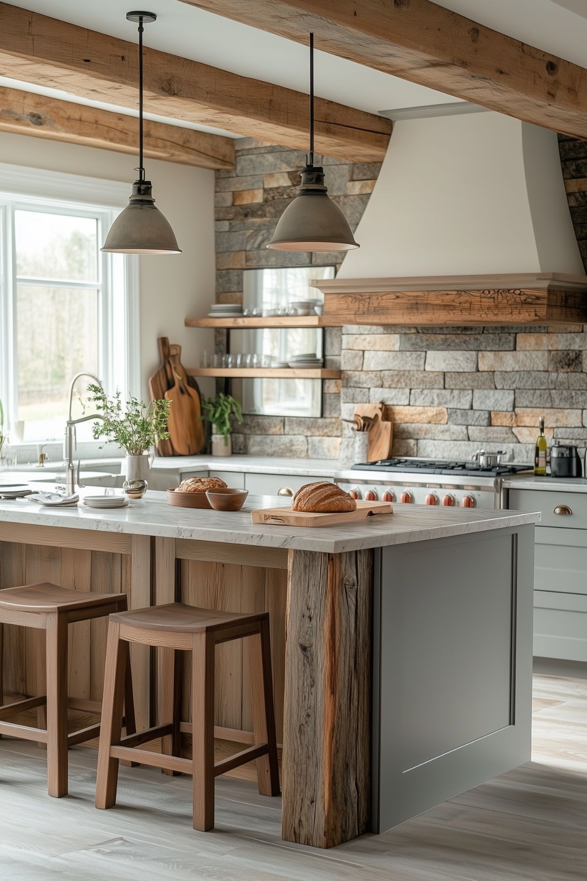 A rustic-modern farmhouse kitchen featuring a large island with a marble countertop and weathered wood paneling. The backdrop includes a stone accent wall with open wood shelves and a white range hood framed by natural wood trim. Pendant lights with industrial finishes hang above the island, while warm wooden stools and fresh bread add a cozy touch. Large windows bring in natural light, complementing the organic textures and earthy tones.