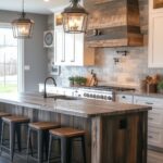 A rustic-modern farmhouse kitchen featuring a large island with a weathered wood finish and matching stools with wooden seats and black metal frames. The backsplash showcases light stone tiles, while the focal point is a reclaimed wood range hood that adds warmth and character. White cabinetry provides contrast, and black lantern-style pendant lights hang above the island, enhancing the cozy yet sophisticated design. Natural light streams in through large windows, completing the inviting space.