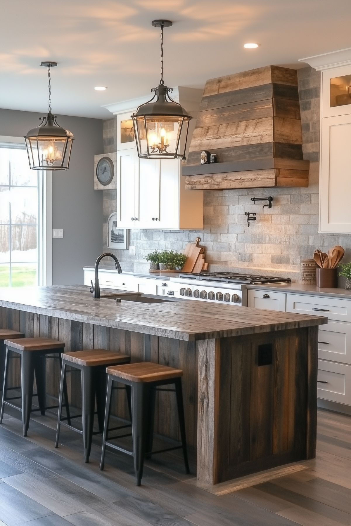 A rustic-modern farmhouse kitchen featuring a large island with a weathered wood finish and matching stools with wooden seats and black metal frames. The backsplash showcases light stone tiles, while the focal point is a reclaimed wood range hood that adds warmth and character. White cabinetry provides contrast, and black lantern-style pendant lights hang above the island, enhancing the cozy yet sophisticated design. Natural light streams in through large windows, completing the inviting space.