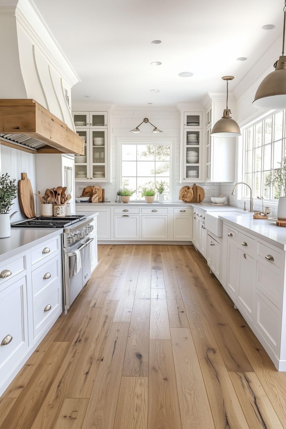 A bright modern farmhouse kitchen with white cabinetry, a wood range hood, and brass hardware. Natural wood flooring contrasts with the white surfaces, while glass-front cabinets display dishes. A farmhouse sink is positioned under a window with potted plants on the sill, and large pendant lights hang over the space. The layout is airy and inviting, with warm wooden accents and natural light enhancing the charm.