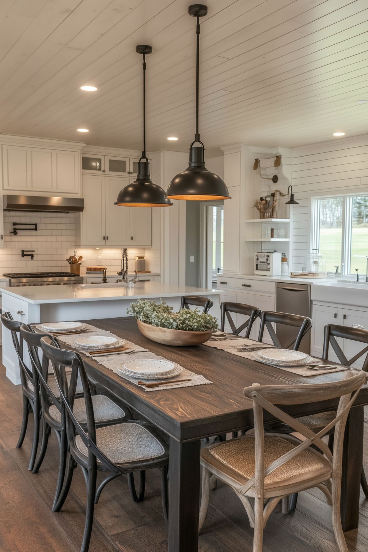 A warm and inviting modern farmhouse kitchen featuring a large wooden dining table with cross-back chairs and a centerpiece of greenery in a wooden bowl. The kitchen includes white cabinetry, a subway tile backsplash, and a white island with a sleek countertop. Black industrial pendant lights hang above the dining area and island, complementing the dark wood flooring. Natural light streams through large windows, enhancing the bright and cozy ambiance.