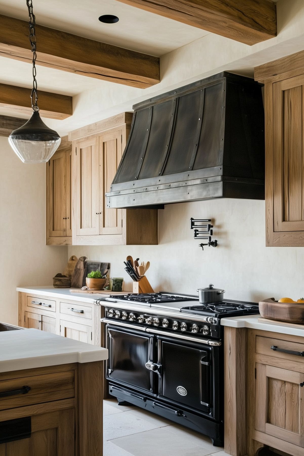 A modern farmhouse kitchen showcasing natural wood cabinetry with clean lines and a striking black metal range hood with rivet details. A large black range with chrome accents takes center stage, complemented by a pot filler mounted on the light-textured wall. Exposed wooden beams on the ceiling add warmth and character, while a glass pendant light provides a soft industrial touch to the overall rustic yet refined design.