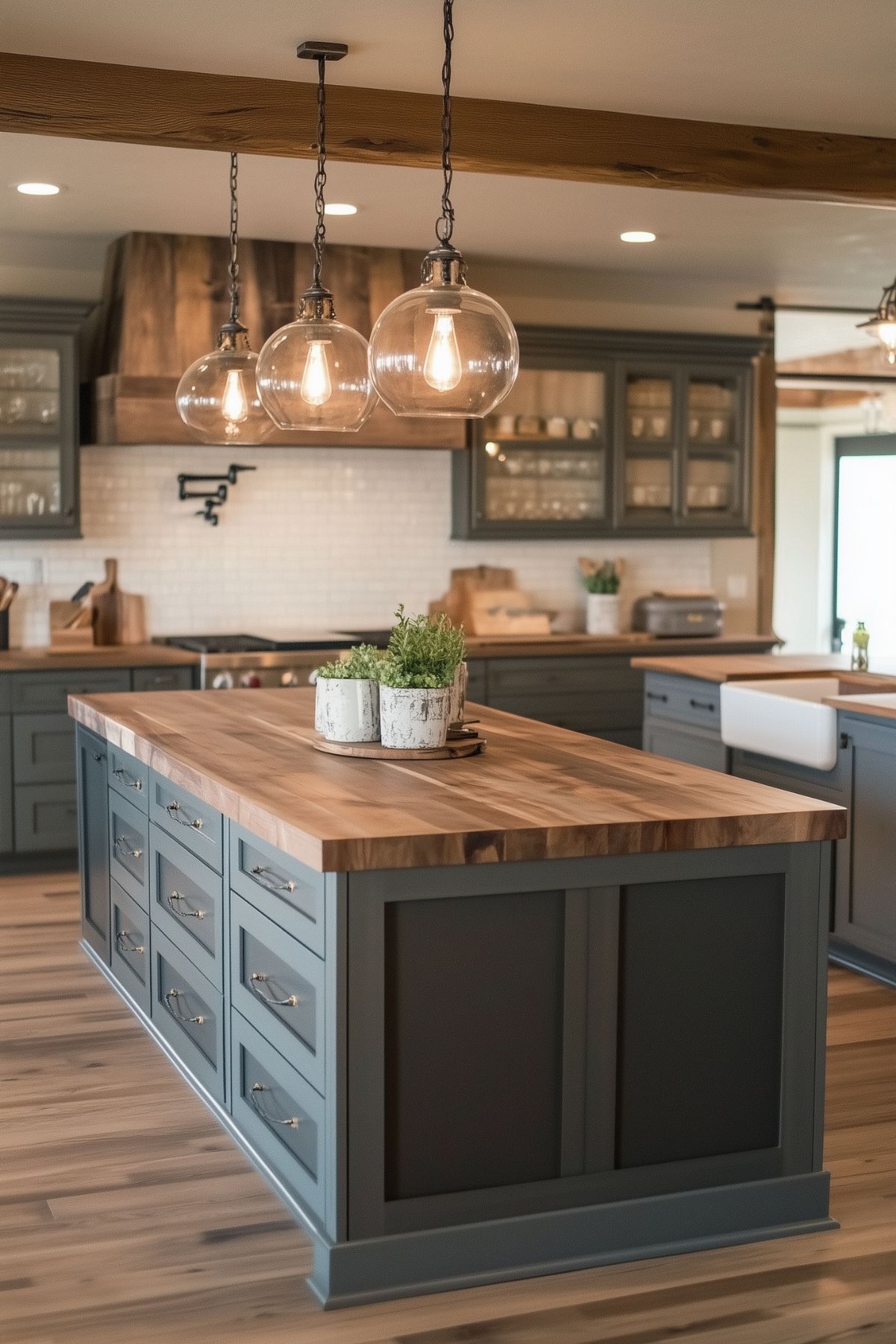 A modern farmhouse kitchen with deep green cabinetry and a large central island featuring a butcher block countertop. The space is illuminated by three glass pendant lights with vintage-style bulbs. A rustic wood range hood adds warmth and character, complementing the open shelving and subway tile backsplash. The island is decorated with potted herbs, while the surrounding wood flooring and farmhouse sink enhance the cozy, inviting atmosphere.