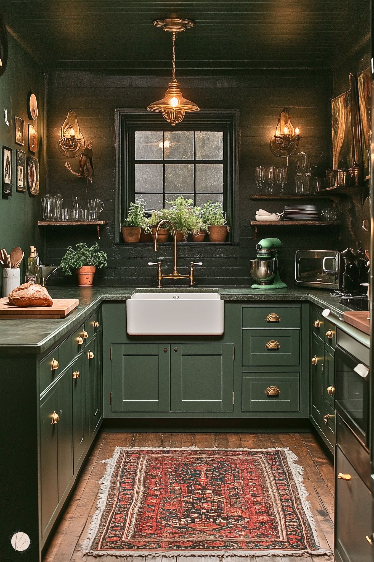 A charming, moody kitchen with deep green cabinetry, brass hardware, and dark countertops. The centerpiece is a white farmhouse sink beneath a black-framed window, surrounded by potted herbs on the sill. Open wooden shelves hold glassware and dishes, while vintage-inspired lighting, including a central pendant and wall sconces, adds a warm glow. A rich red patterned rug on the dark wood floor enhances the cozy atmosphere. Wall art and small decor details complete the inviting space.