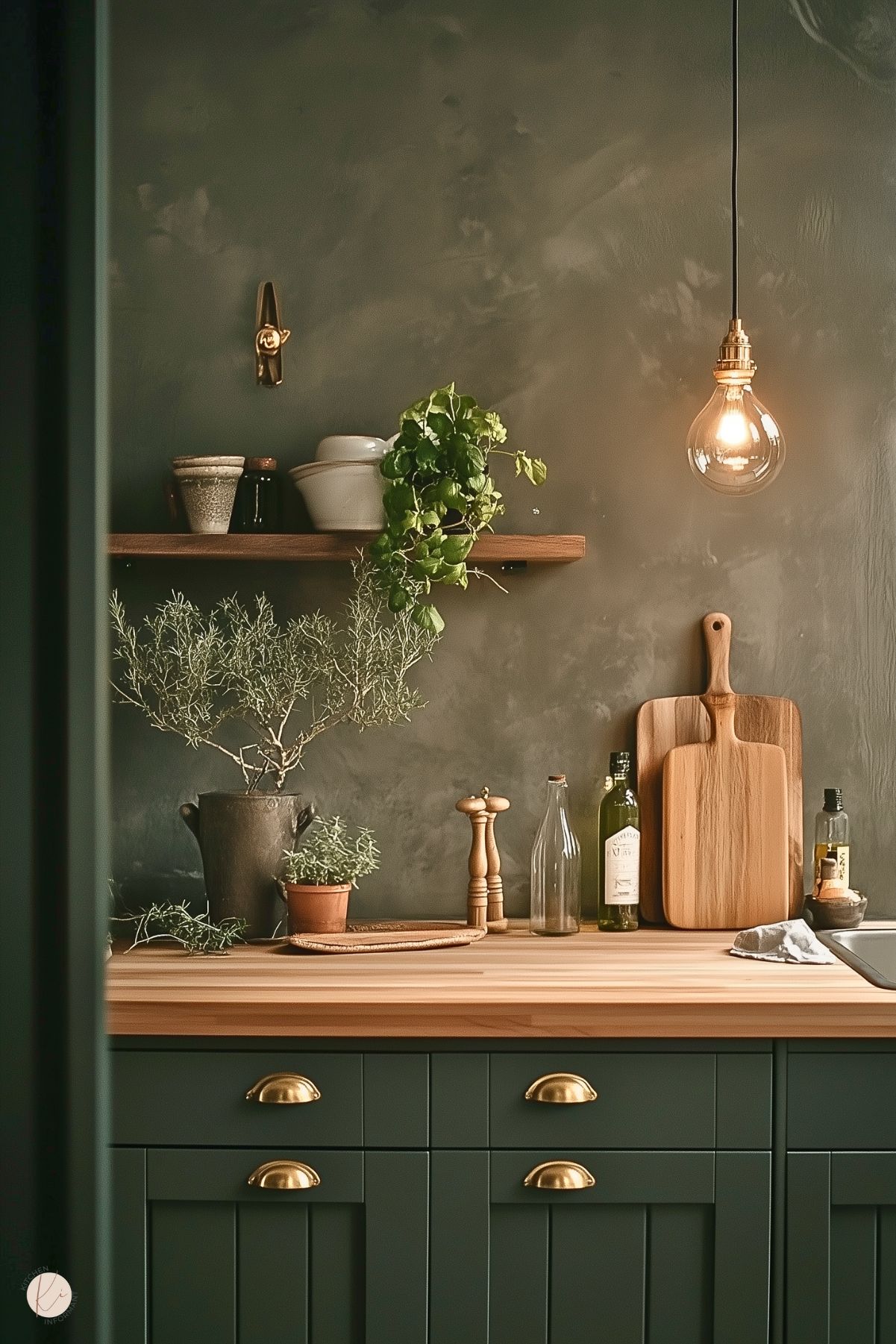 A cozy and rustic kitchen corner featuring deep green cabinetry with brass cup handles and a butcher block countertop. The wall showcases a soft, textured finish, complemented by a wooden floating shelf holding ceramic dishes and a trailing plant. Decorative elements include a potted herb, an olive tree in a dark vase, wooden cutting boards, and bottles of olive oil. A single hanging bulb with a warm glow adds a minimalist yet inviting ambiance.