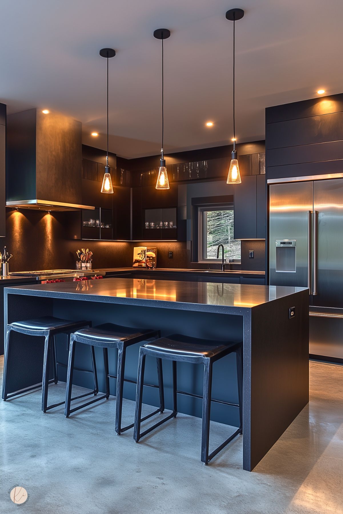 A sleek, contemporary kitchen with black cabinetry, a large black island featuring a polished countertop, and minimalist black barstools. Warm under-cabinet lighting enhances the sophisticated ambiance, while stainless steel appliances add a modern touch. Three pendant lights with exposed bulbs provide soft, warm illumination. The polished concrete floor complements the clean lines and overall industrial-inspired design.