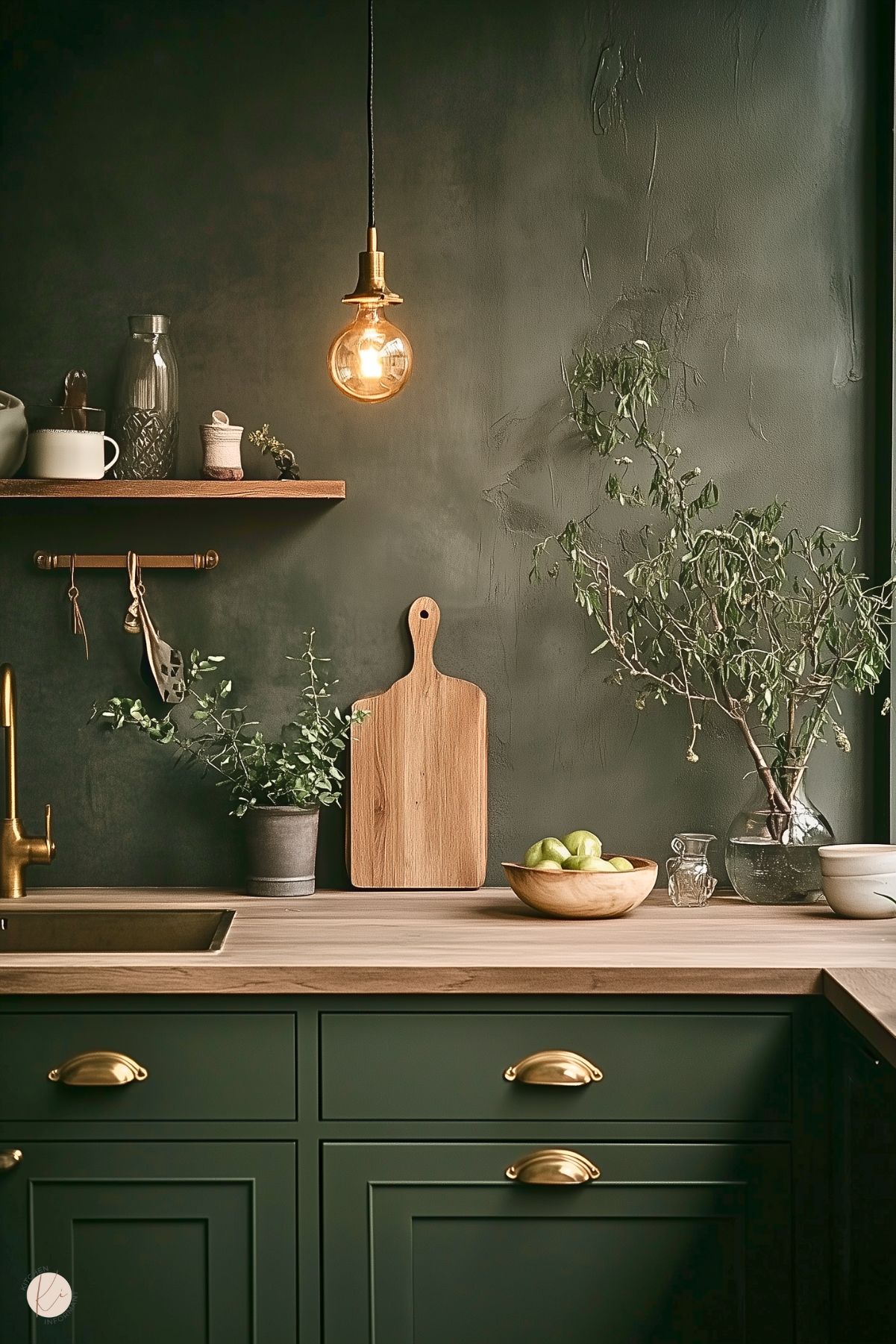 A cozy and natural kitchen corner with deep green cabinetry accented by brass cup handles and a warm wood countertop. The wall features a soft textured finish, enhanced by a hanging brass light with a glowing bulb. A wooden shelf holds ceramic and glassware, while a small rod displays hanging utensils. Decorative touches include a wooden cutting board, a bowl of green apples, and potted greenery, creating an earthy, inviting aesthetic.