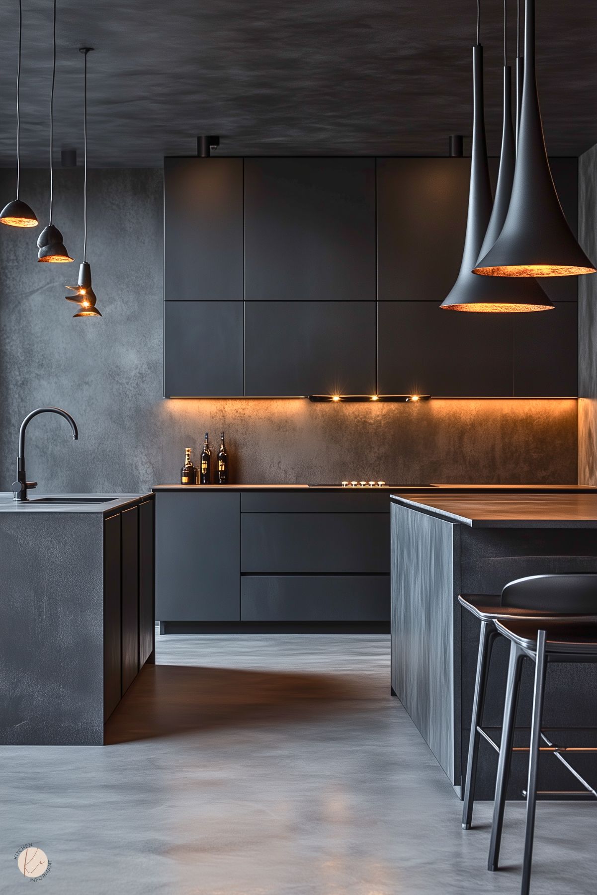 A minimalist kitchen with sleek matte black cabinetry and industrial-inspired finishes. The space features a monochromatic palette, with a smooth concrete floor and textured walls. Under-cabinet lighting creates a warm contrast, highlighting the clean lines. Modern pendant lights with metallic interiors add visual interest, while a black faucet and countertop enhance the cohesive design. Black barstools complete the contemporary and understated aesthetic.