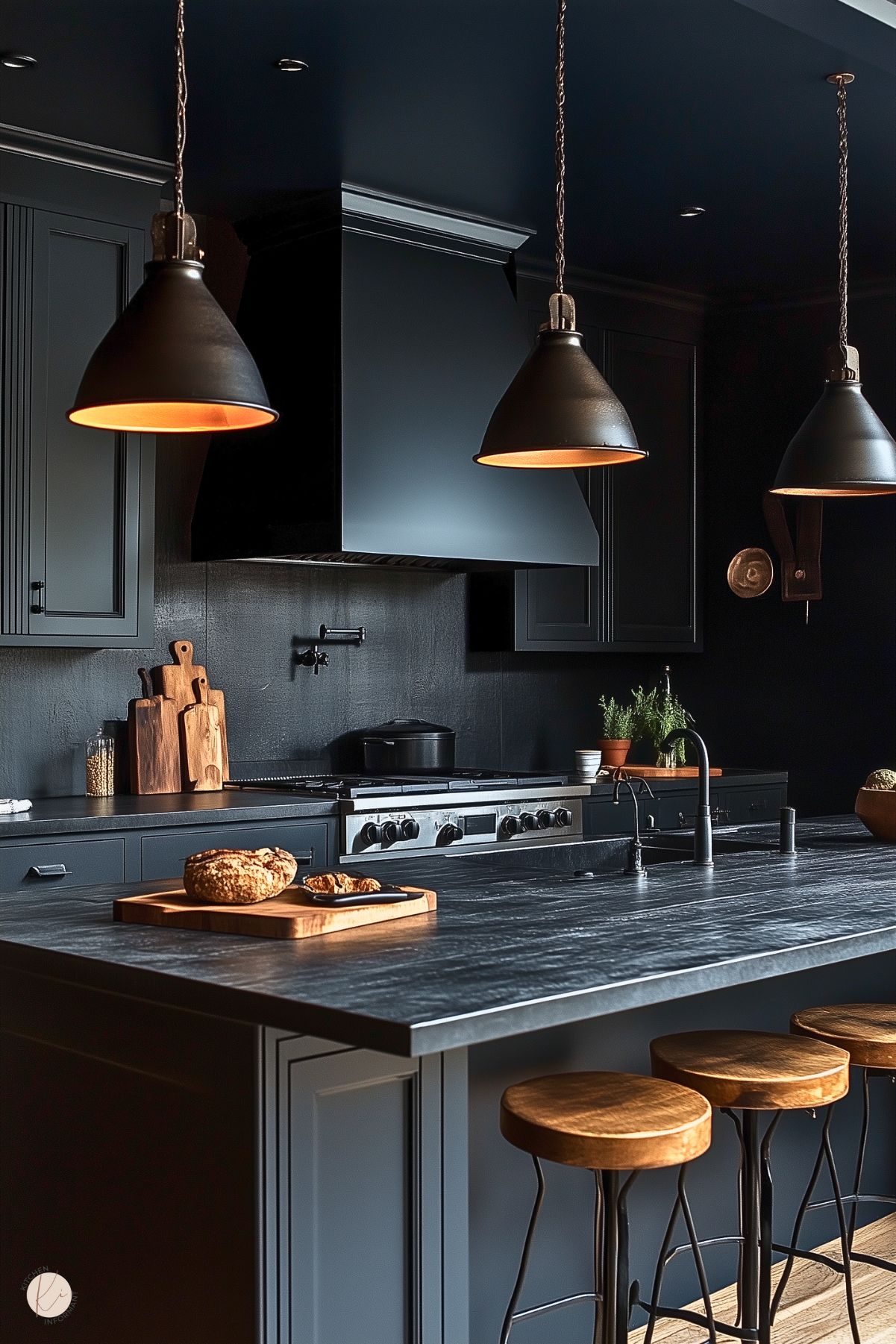 A bold kitchen design with matte black cabinetry and a matching range hood. The dark countertops feature subtle veining, adding texture, while wooden barstools with metal bases provide warmth and contrast. Large industrial-style pendant lights with warm interiors hang above the island, enhancing the cozy ambiance. Natural wood cutting boards, potted herbs, and rustic decor elements complete the inviting yet modern aesthetic.