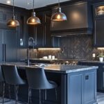 A sophisticated kitchen with sleek black cabinetry, a matching range hood, and a dark herringbone tile backsplash. The large island features a black marble countertop with a modern matte black faucet and comfortable leather barstools. Pendant lights with industrial-style black shades hang above the island, providing a warm glow. Under-cabinet lighting highlights the backsplash, and light wood flooring adds contrast to the moody, elegant design.