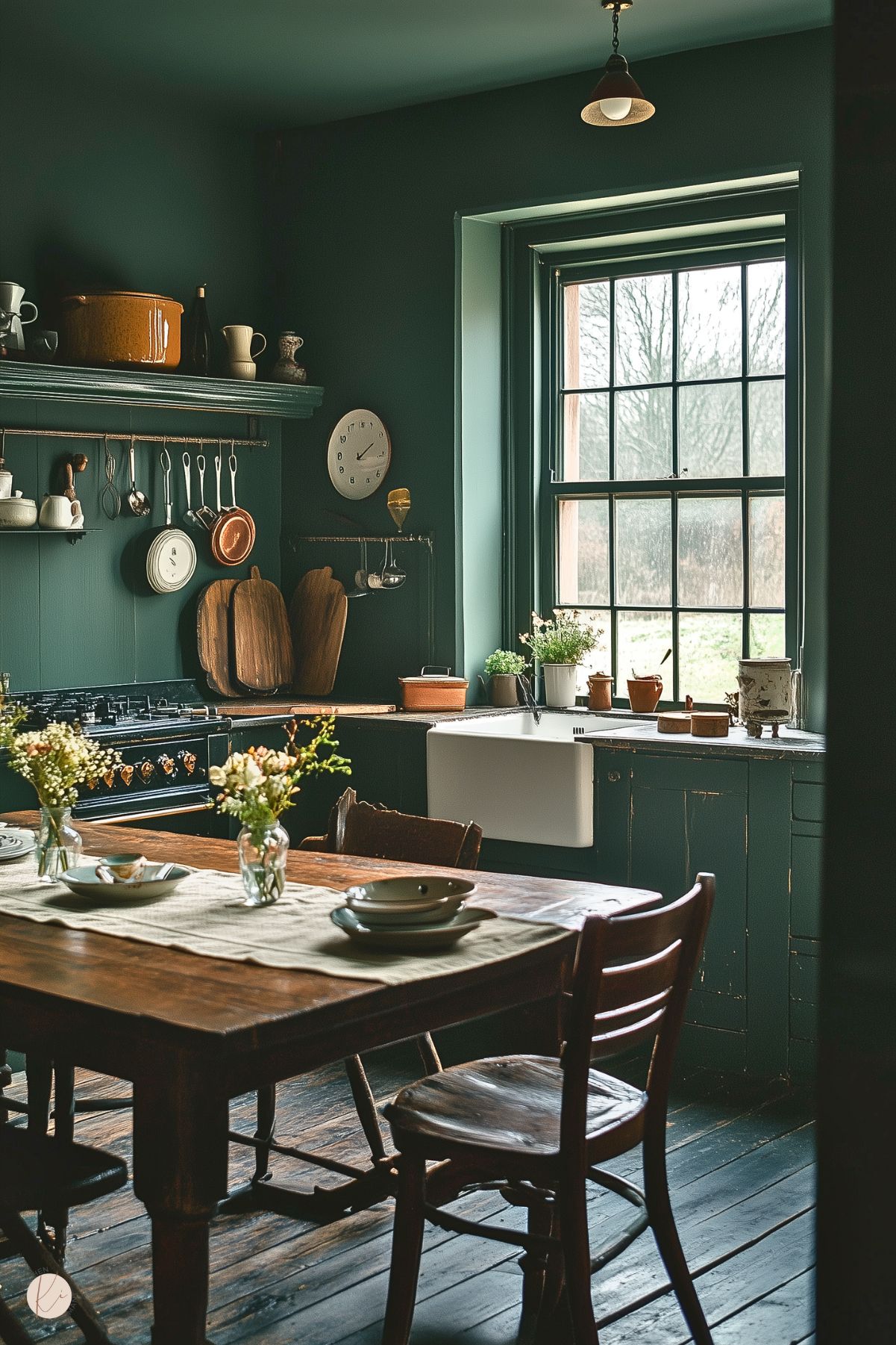 A cozy vintage-inspired kitchen with deep green walls and cabinetry, complemented by a farmhouse sink beneath a black-framed window. Open shelving and a hanging rod display cookware and utensils, adding functionality and charm. A rustic wooden dining table is set with simple dishware and small vases of fresh flowers, enhancing the warm and welcoming atmosphere. Natural light filters through the window, illuminating the distressed wood floors and antique accents.