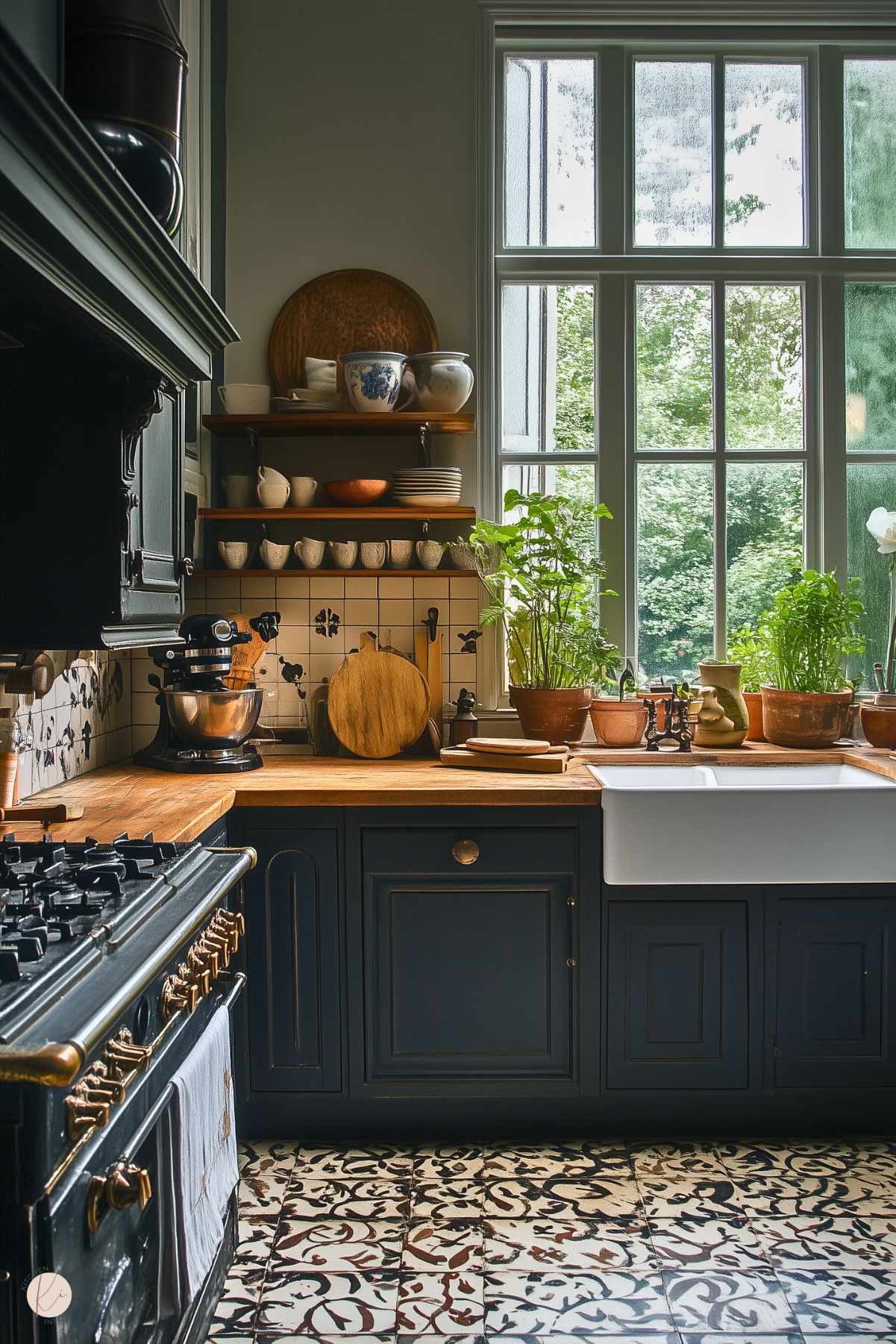 A charming and rustic kitchen with dark cabinetry and a farmhouse sink, complemented by butcher block countertops. The backsplash features vintage-inspired tiles with subtle floral accents, adding character. Open wooden shelves display ceramic dishes, bowls, and decor. Potted herbs and plants sit on the counter near a large window, bringing natural light and greenery into the space. A patterned tile floor enhances the cozy, eclectic design.