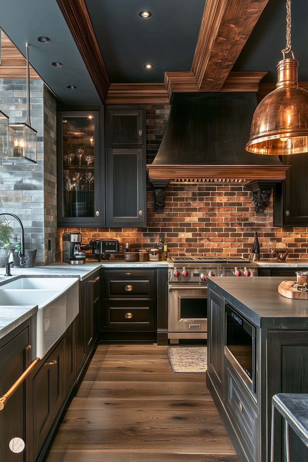 A stunning kitchen blending rustic and modern elements, featuring rich dark cabinetry with gold hardware and a bold black range hood framed by warm wood detailing. The backsplash showcases classic red brick for a timeless touch. A large farmhouse sink sits beneath a marble countertop, adding elegance. Copper accents, including a pendant light and faucet, bring warmth to the design. Glass-front cabinets and wooden beams complete the cozy yet luxurious ambiance.