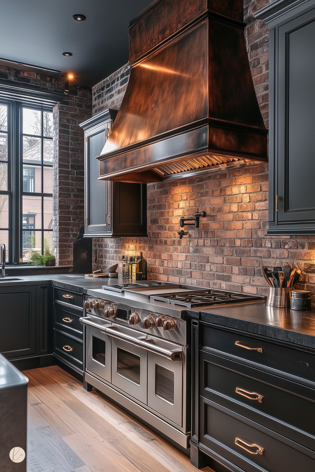 A stunning industrial-inspired kitchen featuring exposed brick walls and dark cabinetry with brass hardware. The centerpiece is a large stainless steel range with a striking custom copper range hood, adding warmth and character. Black stone countertops provide a sleek contrast, while under-cabinet lighting highlights the rich textures. A pot filler faucet and carefully placed utensils enhance functionality. Natural light streams through large black-framed windows, complementing the warm wood flooring.