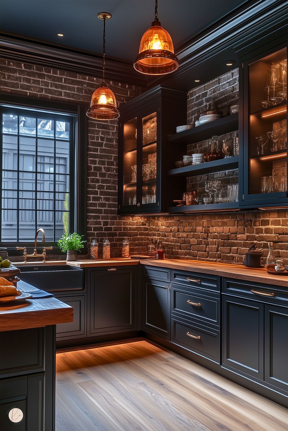 A warm and inviting kitchen featuring dark cabinetry with glass-front display shelves and brass hardware. The backsplash and walls showcase exposed red brick, adding rustic charm. The countertops are natural wood, complementing the cozy aesthetic. A farmhouse sink sits beneath a black-framed window, bringing in natural light. Pendant lights with amber-toned shades create a soft, warm glow, while under-cabinet lighting highlights the workspace. Light wood flooring enhances the balanced design.