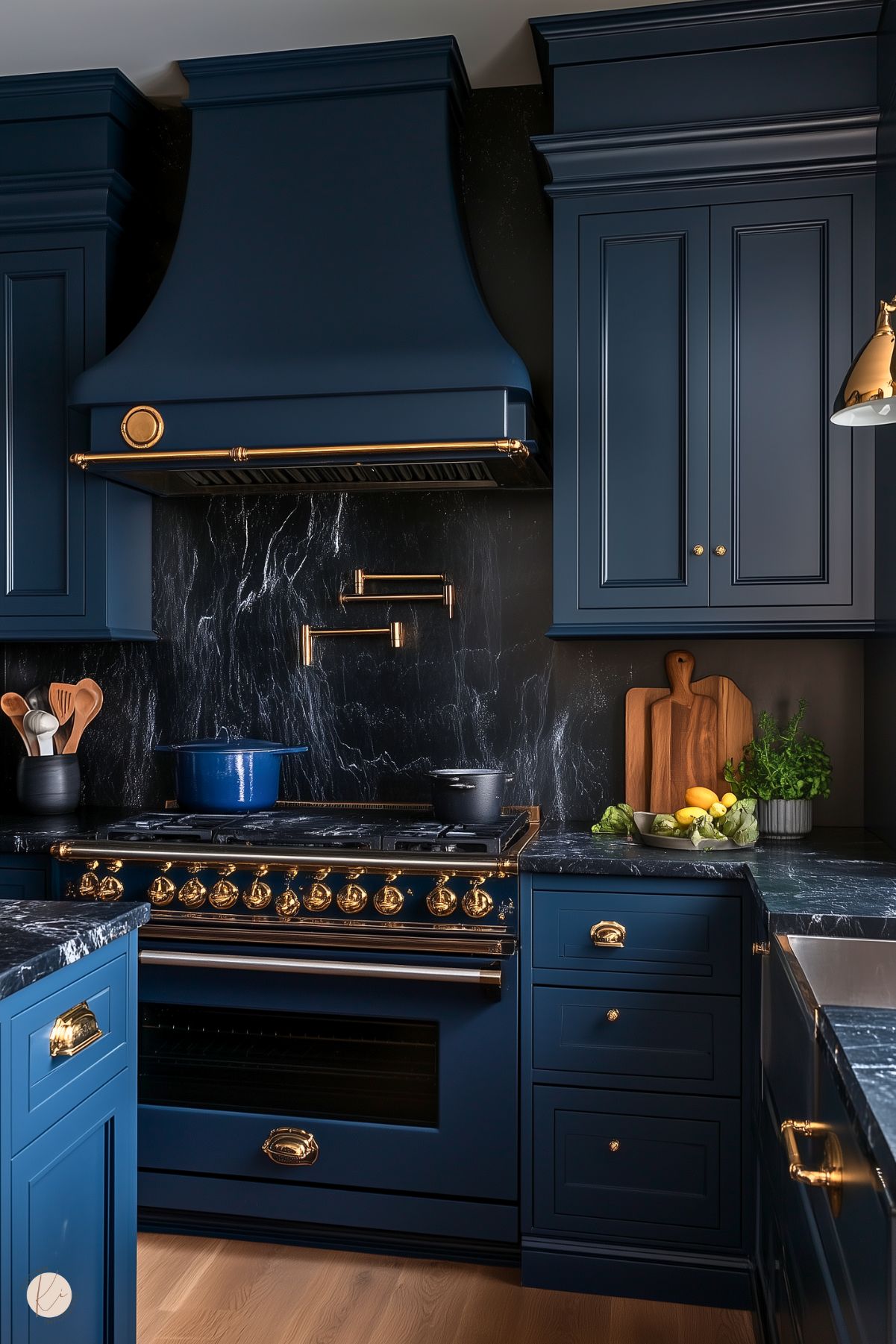 A luxurious kitchen featuring deep navy cabinetry and a matching range hood with elegant gold accents. The centerpiece is a sophisticated navy range with intricate gold detailing, set against a dramatic black marble backsplash. Marble countertops with subtle veining enhance the opulence. Wooden cutting boards, fresh herbs, and vibrant lemons add warmth and a touch of natural color. Gold hardware and fixtures complete the refined, classic aesthetic.