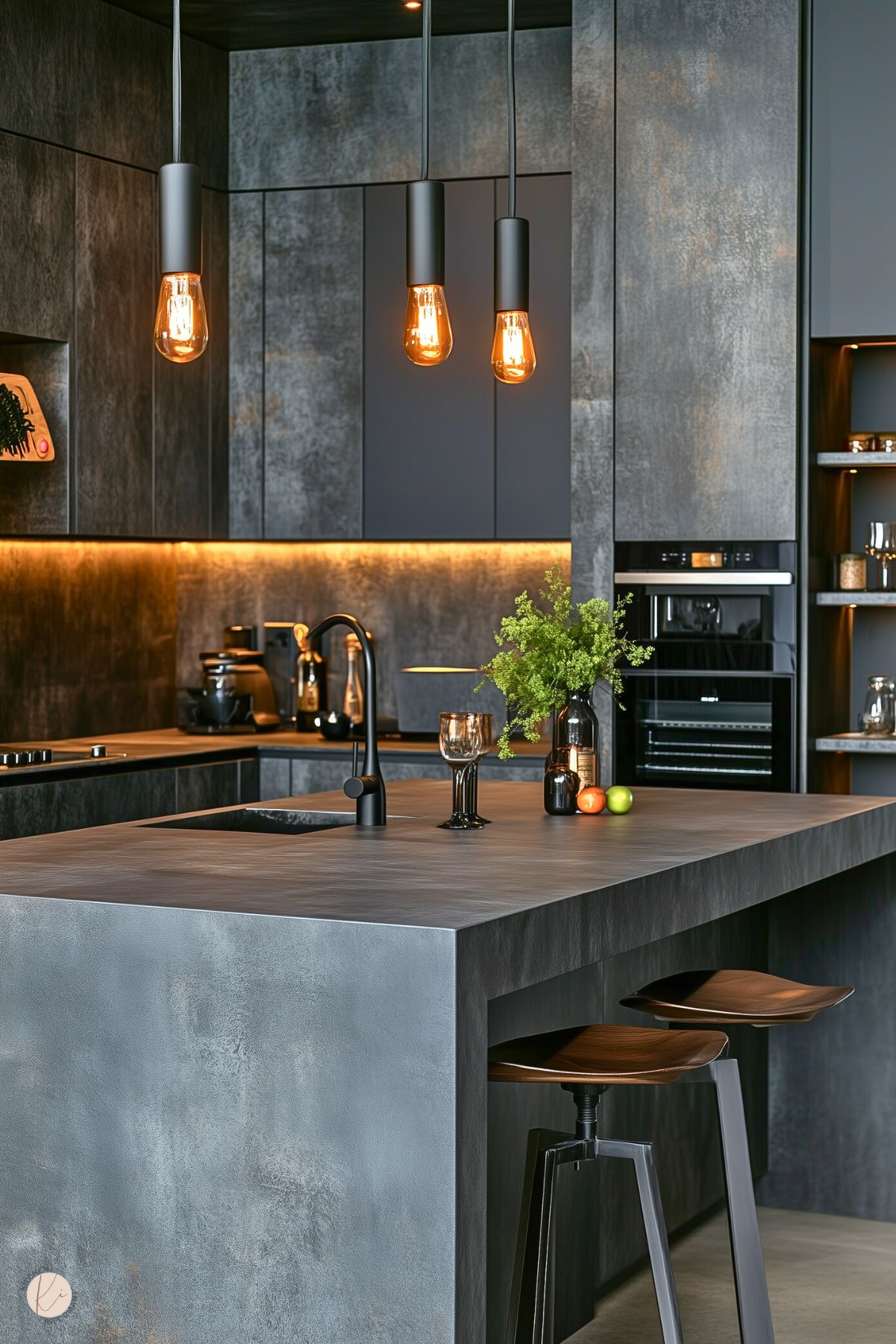 A sleek and modern kitchen with textured dark gray cabinetry and countertops, complemented by warm under-cabinet lighting. The central island features a matte black faucet and integrated sink, paired with wooden stools with metal bases. Three hanging pendant lights with exposed Edison bulbs add a warm glow. Minimalist decor includes a small vase with greenery, a glass, and fresh fruit for a pop of color. Open shelving displays glass jars for a functional yet stylish touch.