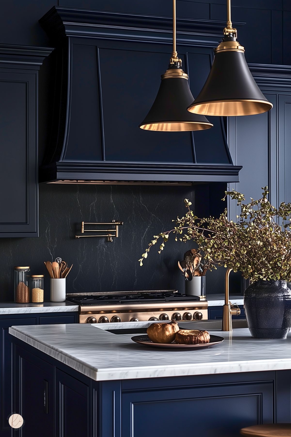 A luxurious kitchen with deep navy blue cabinetry and a matching range hood, accented by gold hardware. The white marble countertops and backsplash add a crisp contrast. Two elegant black-and-gold pendant lights hang above, enhancing the opulent feel. Decorative touches include a dark vase with branches, a black plate with golden apples, and jars of grains. A brass pot filler and faucet complement the high-end aesthetic.