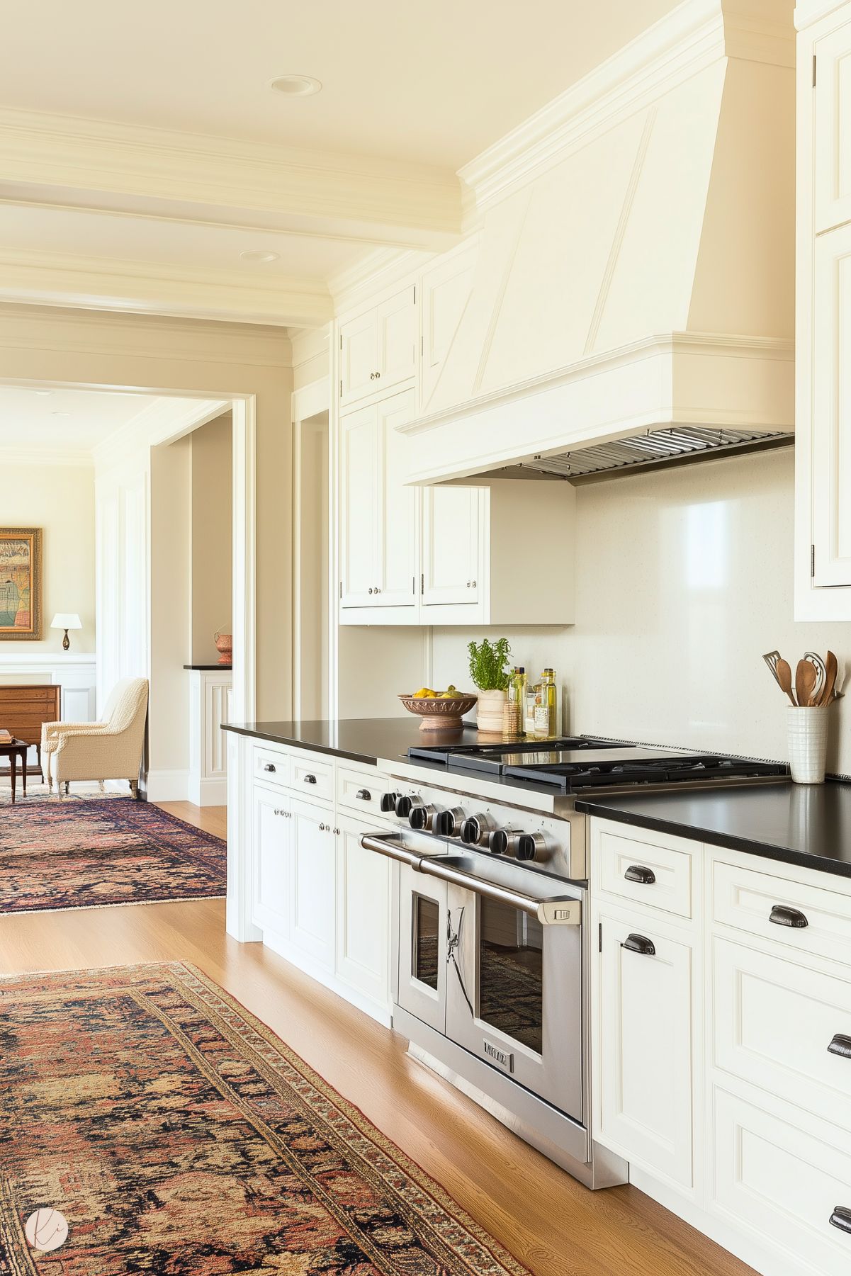 A traditional kitchen with creamy white cabinetry, black countertops, and a stainless steel range with a custom range hood. The design features classic molding details and built-in storage, creating a timeless look. Warm wood flooring runs throughout, accented by vintage-style area rugs. In the background, an open doorway leads to a bright sitting area, enhancing the kitchen's connection to the rest of the home.