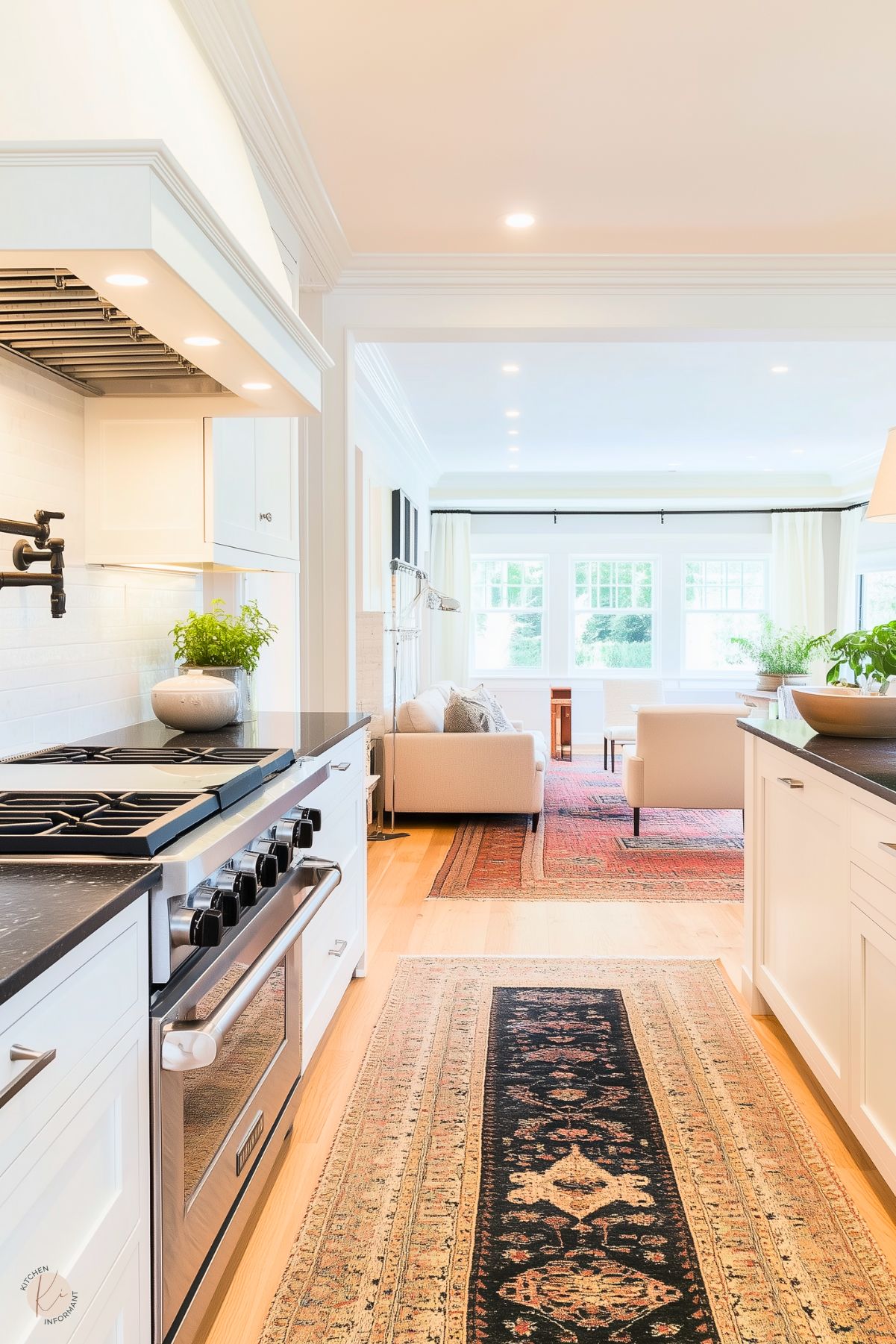 A bright, open kitchen with a transitional design featuring white cabinetry, black countertops, and a stainless steel range. The space is adorned with a black pot filler and a potted plant for a touch of greenery. A runner with intricate patterns leads into a connected living area with white furniture, large windows, and layered vintage rugs, creating a cohesive and welcoming atmosphere. Natural light enhances the airy ambiance.