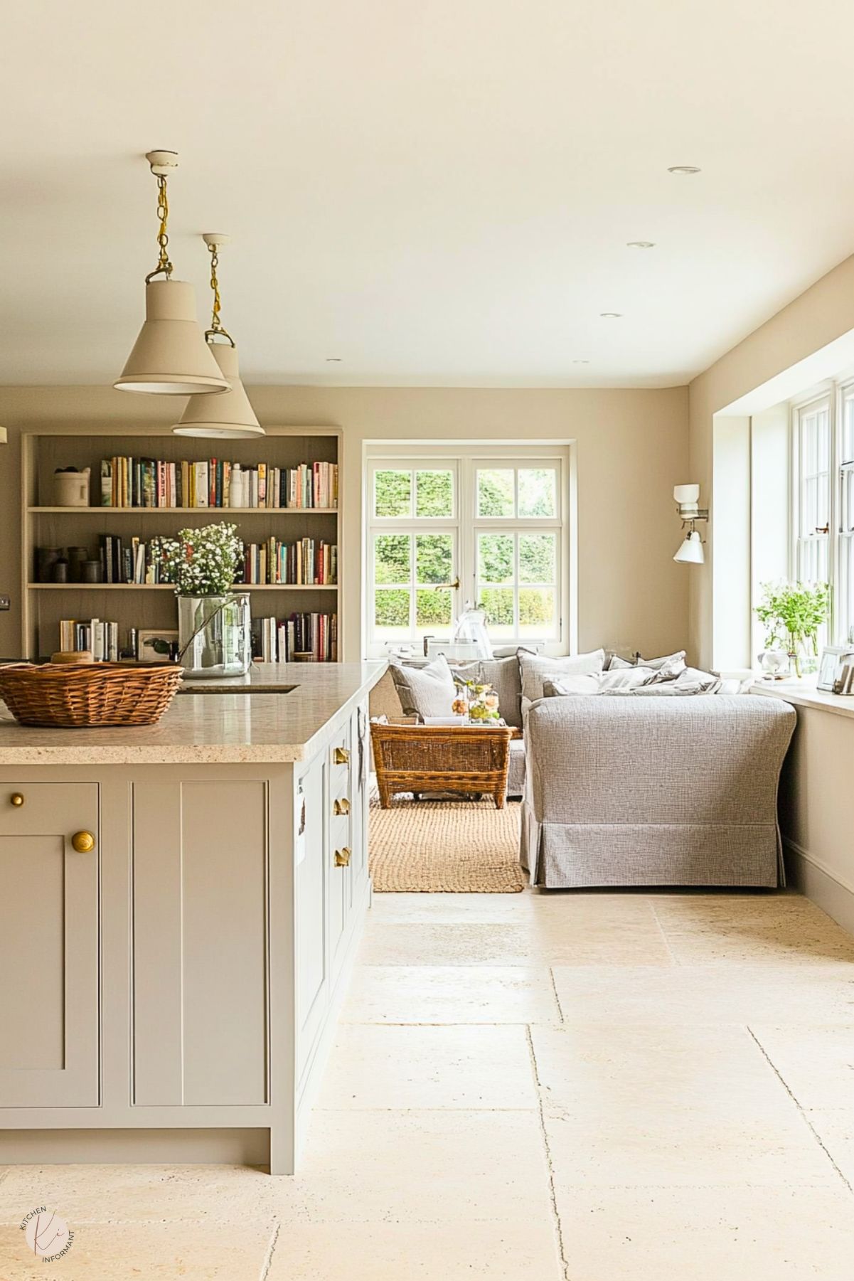 A serene open-concept kitchen and sitting area with a soft neutral palette. The kitchen features a light gray island with a beige stone countertop and brass accents, illuminated by two pendant lights. The sitting area includes a cozy gray sofa, a wicker coffee table, and a jute rug, creating a relaxed atmosphere. Built-in shelving filled with books adds warmth, while large windows bring in natural light and views of the garden.