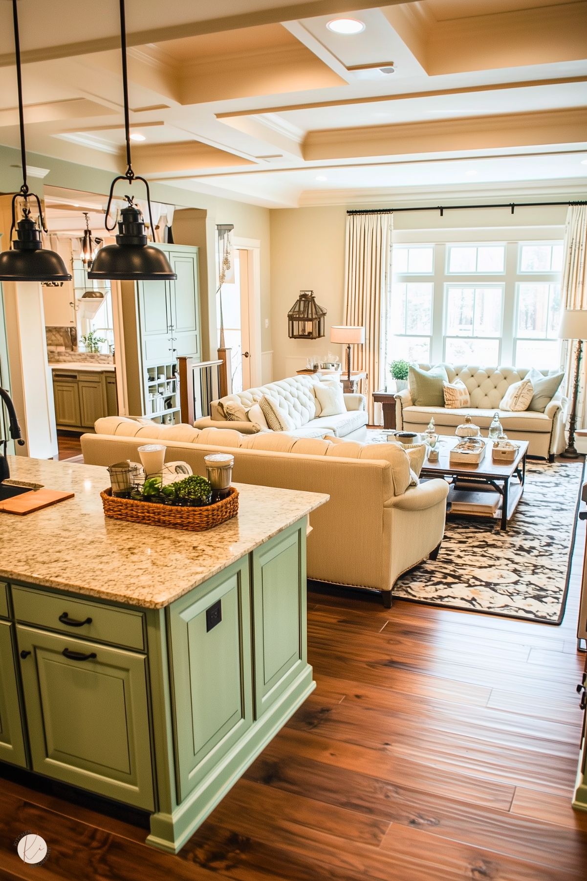 A cozy open-concept kitchen and living area with a traditional design. The kitchen features a mint green island with granite countertops and black hardware, accented by industrial-style pendant lights. The living area includes tufted cream sofas, a patterned area rug, and large windows with natural light. Warm wood flooring and coffered ceilings add elegance and warmth, tying the spaces together seamlessly.