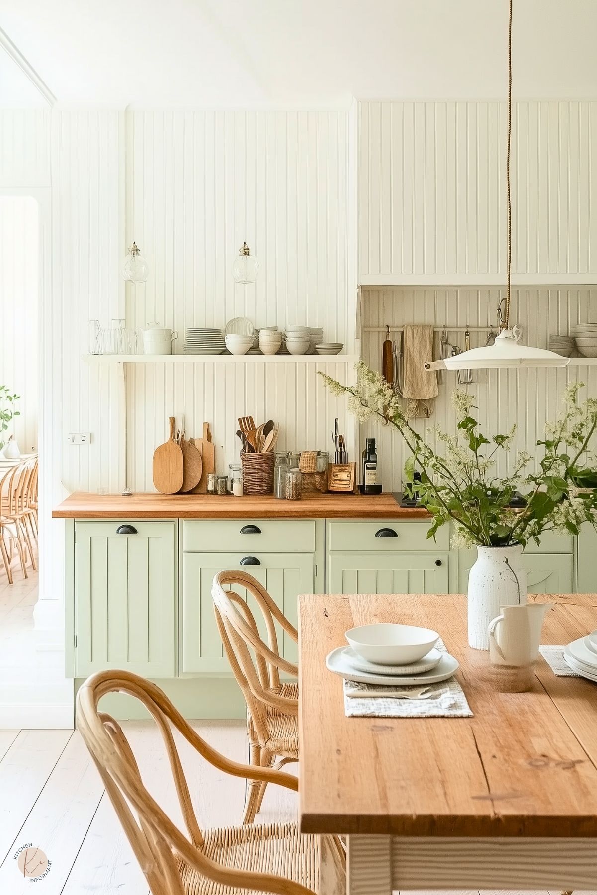 A charming farmhouse-style kitchen featuring soft mint green cabinetry with black hardware and a warm wooden countertop. Open shelving displays neutral dishware and adds a touch of rustic charm. The beadboard walls enhance the cozy aesthetic, complemented by natural wood dining furniture. A white pendant light and fresh greenery in a vase on the table add simple, organic accents to the bright and inviting space.